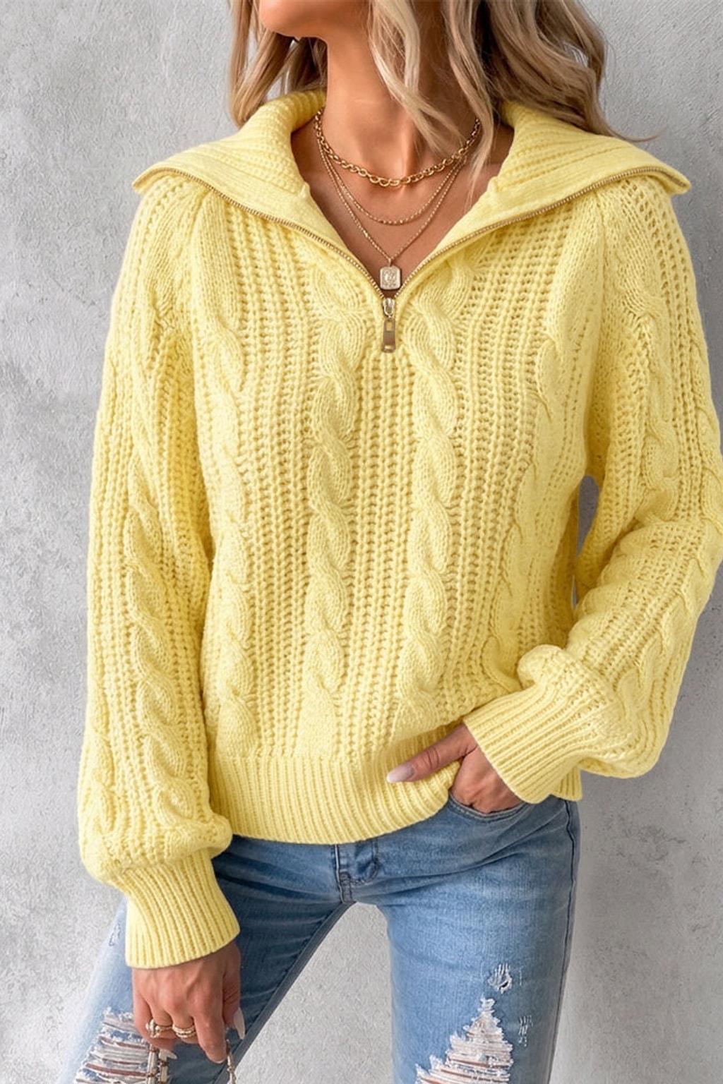 Cable Knit Half-Zip Sweater with Thumbhole Cuffs - 5