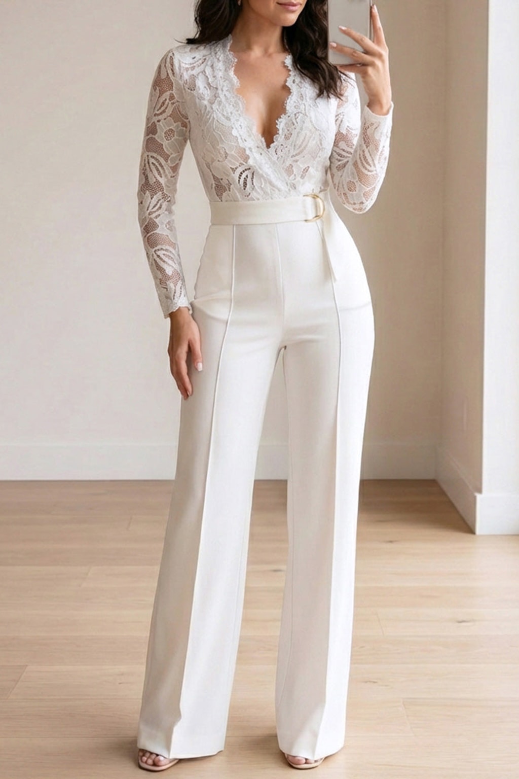 Lace-Trim Deep V-Neck Wide-Leg Jumpsuit with Belt - 5