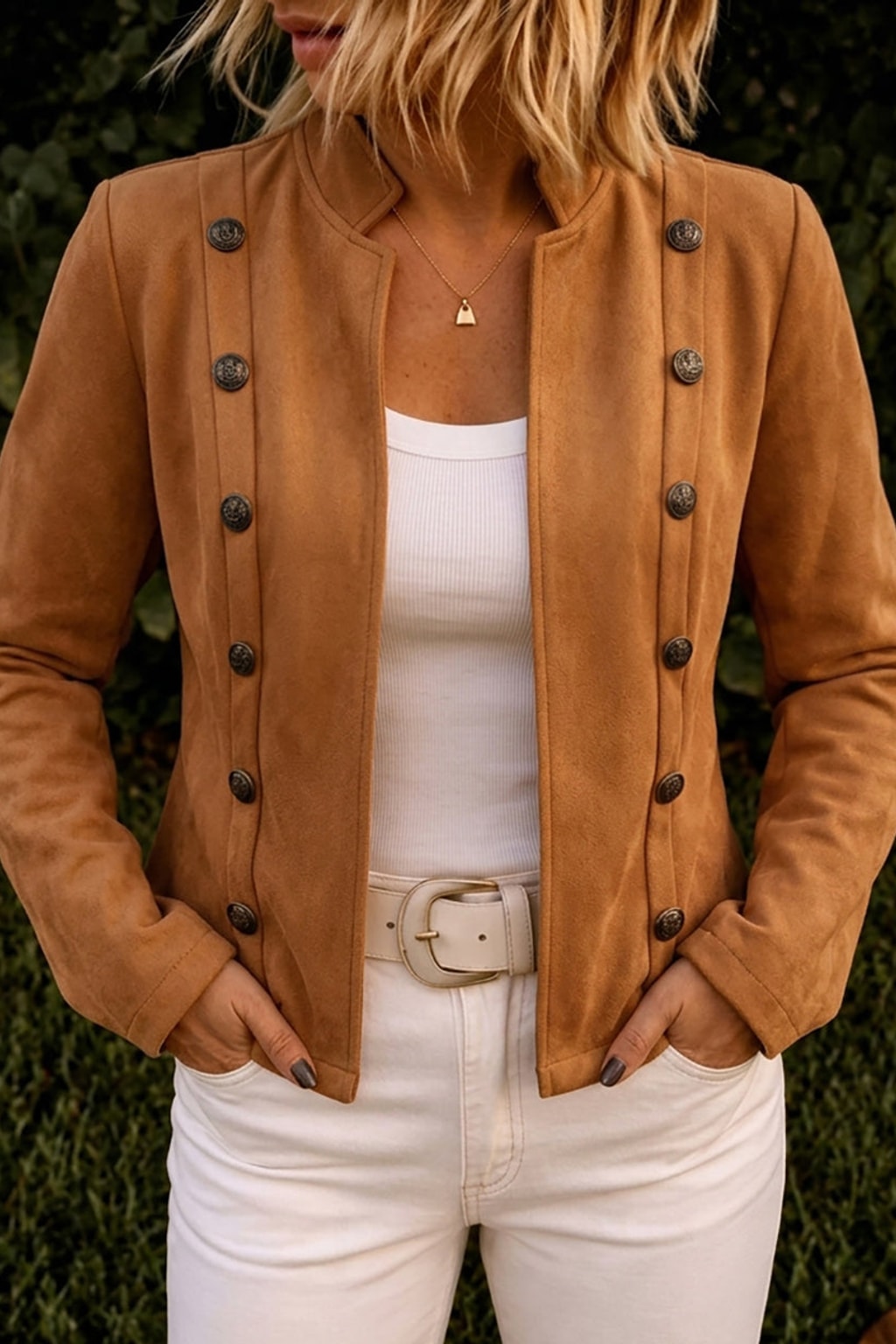 Brown Faux Suede Jacket With Stand Collar - 2