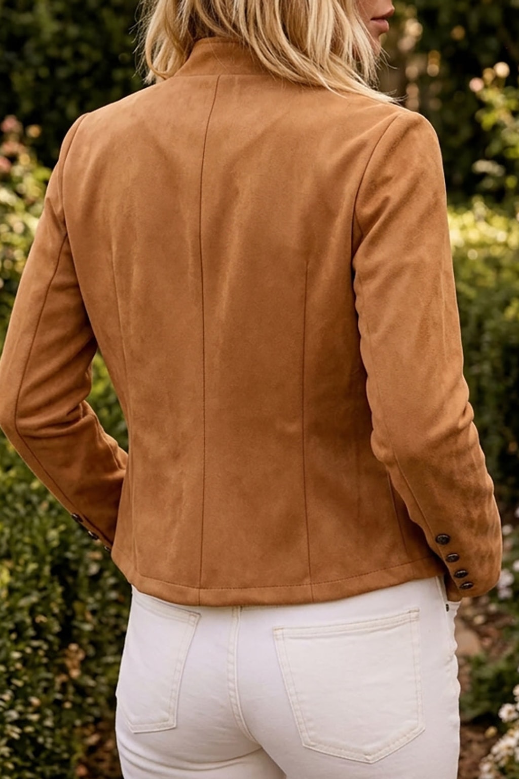 Brown Faux Suede Jacket With Stand Collar - 4