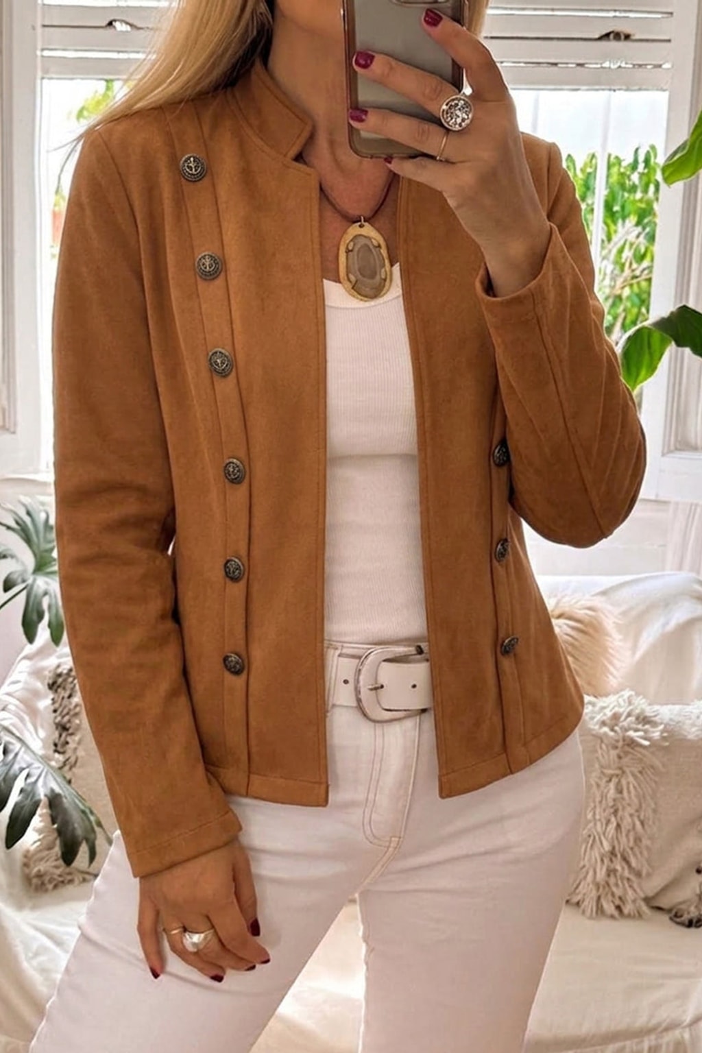 Brown Faux Suede Jacket With Stand Collar - 3
