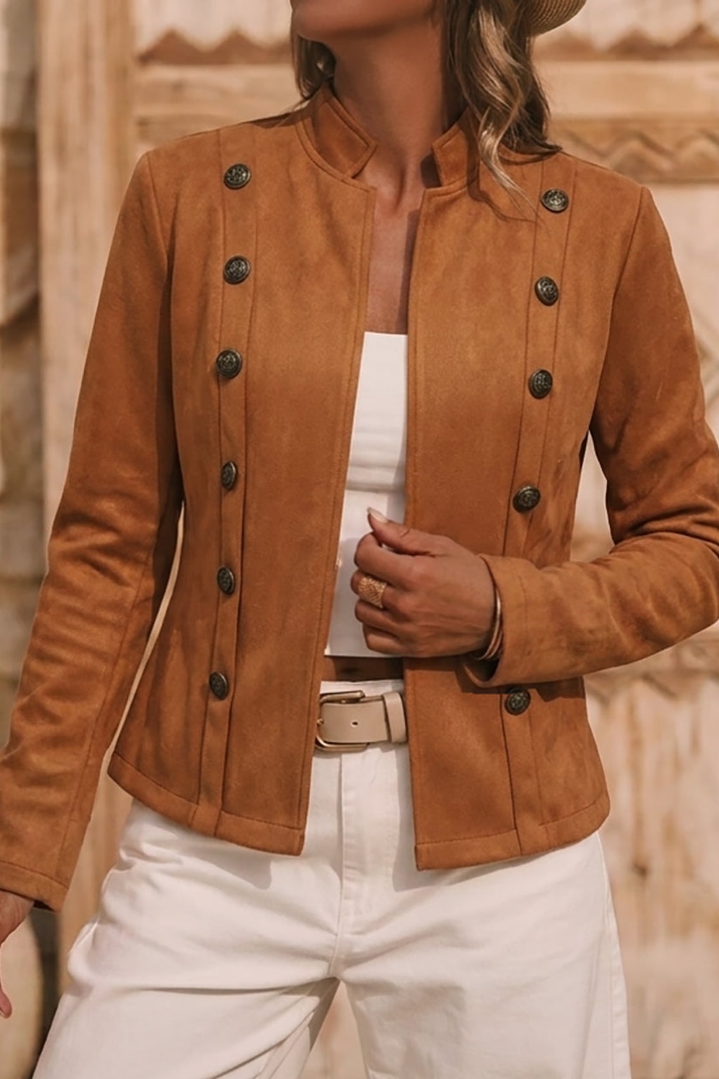 Brown Faux Suede Jacket With Stand Collar - 5