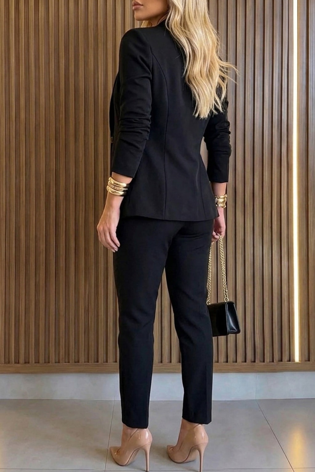 Black Viscose Blend Shawl Collar Blazer and Pants Set - 4