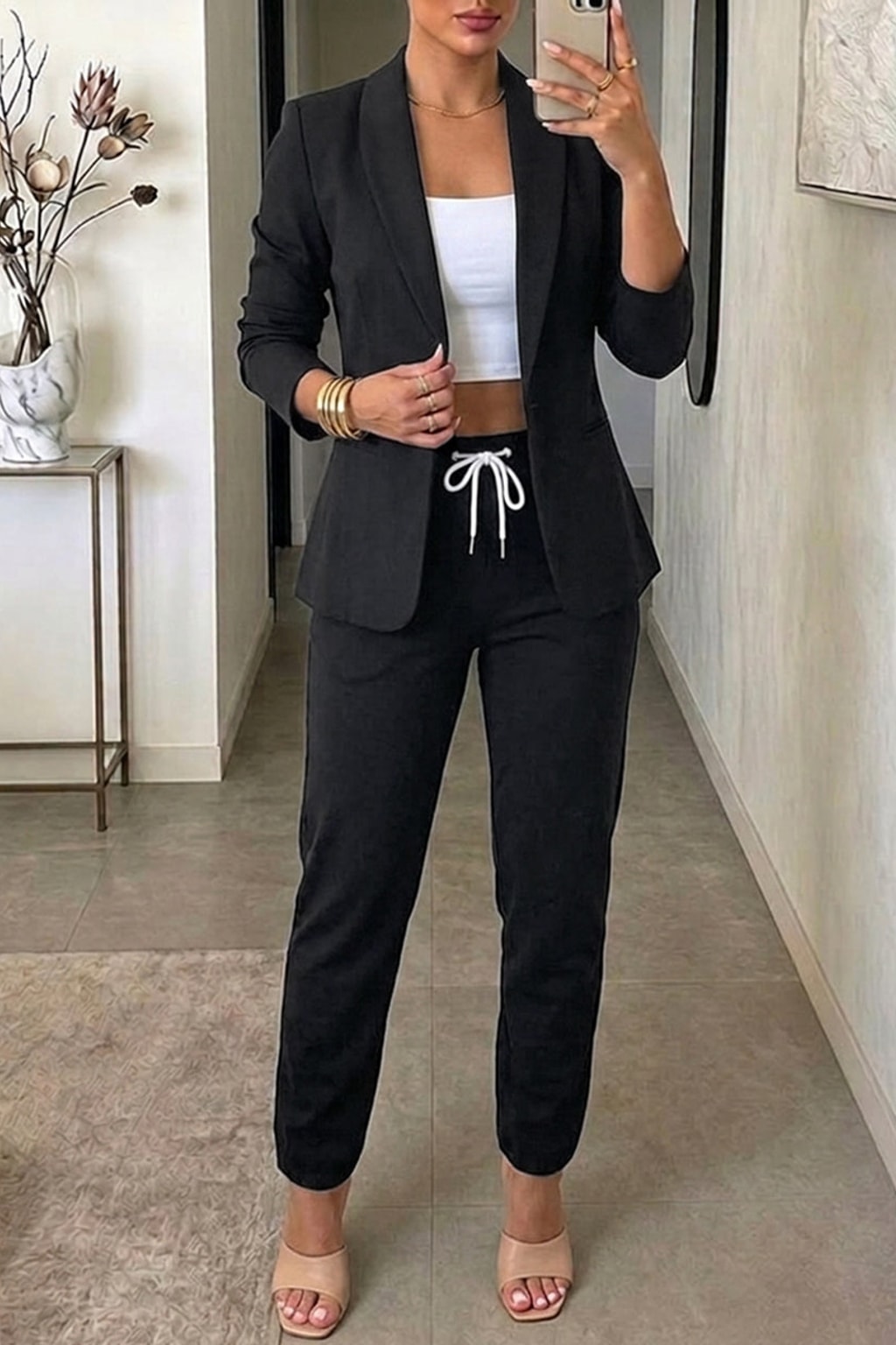 Black Viscose Blend Shawl Collar Blazer and Pants Set - 3