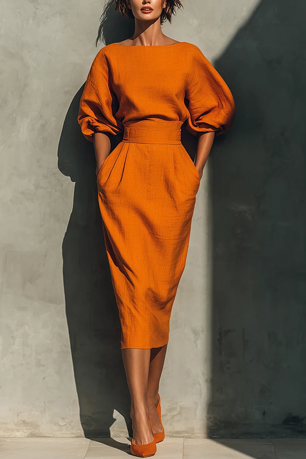 Polyester Puff-Sleeve High-Waisted Midi Dress - 2