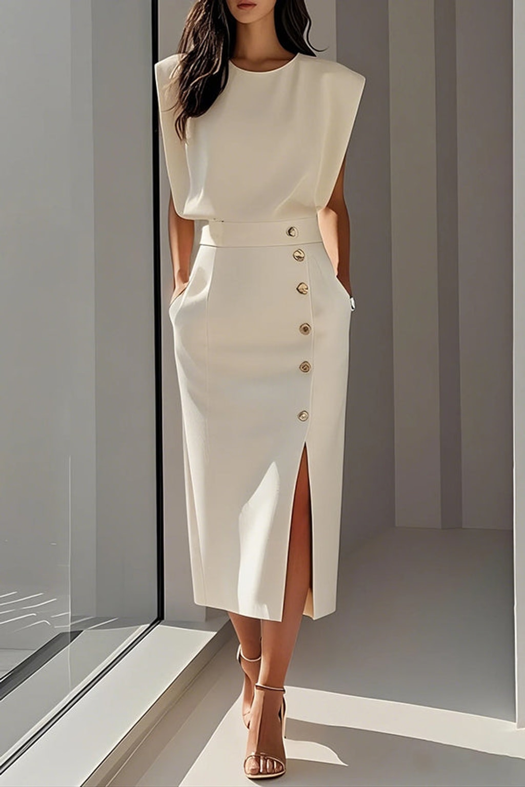 Sleeveless Midi Dress With Button Slit - 2
