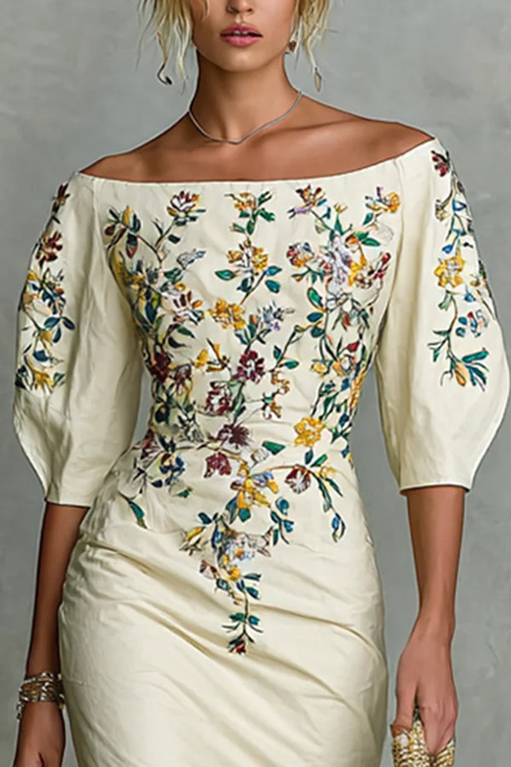 Polyester Off-Shoulder Puff Sleeve Midi Dress - 3