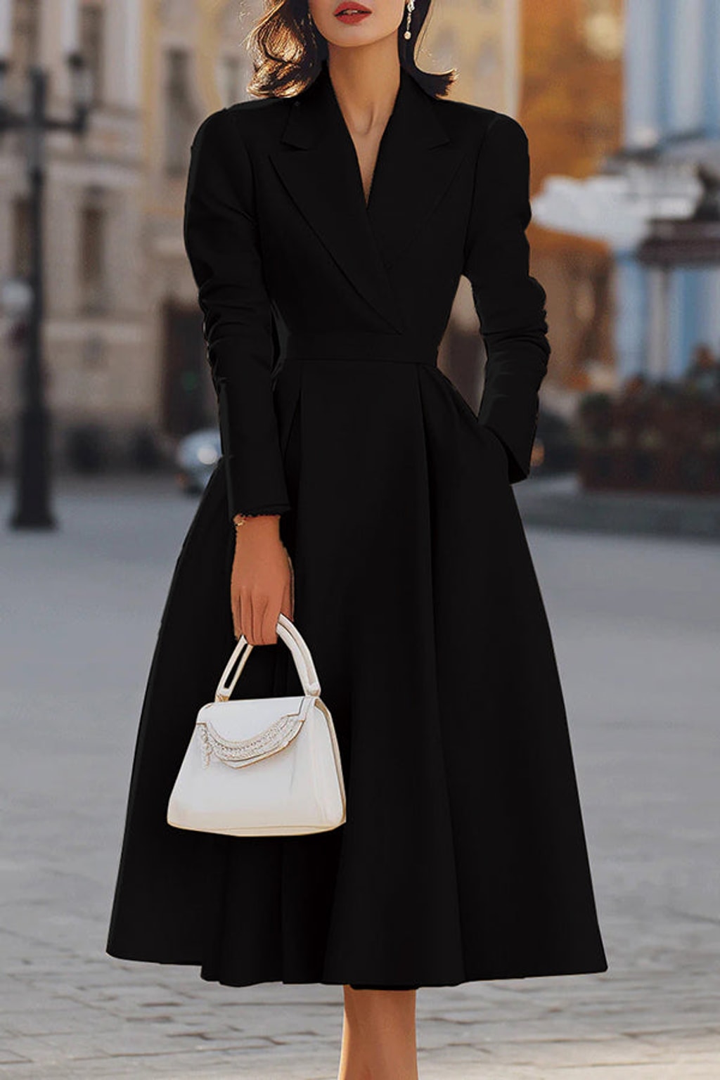Elegant Polyester Lapel Midi Dress With Waist Pocket - 4