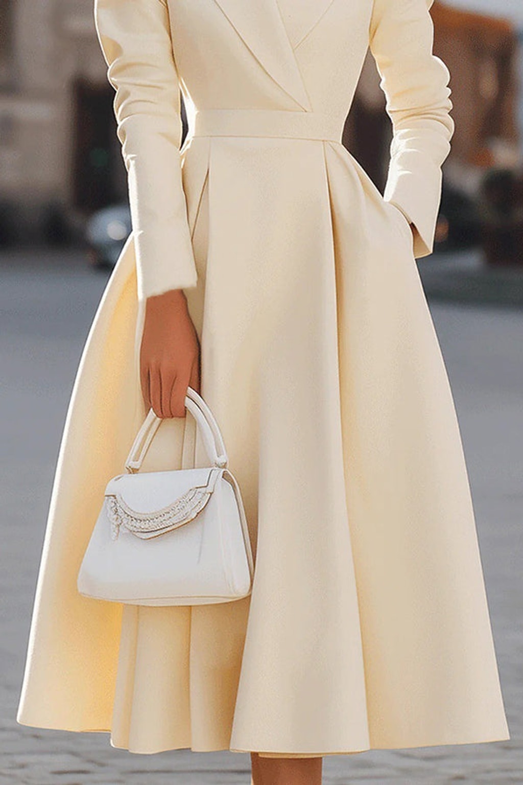 Elegant Polyester Lapel Midi Dress With Waist Pocket - 6