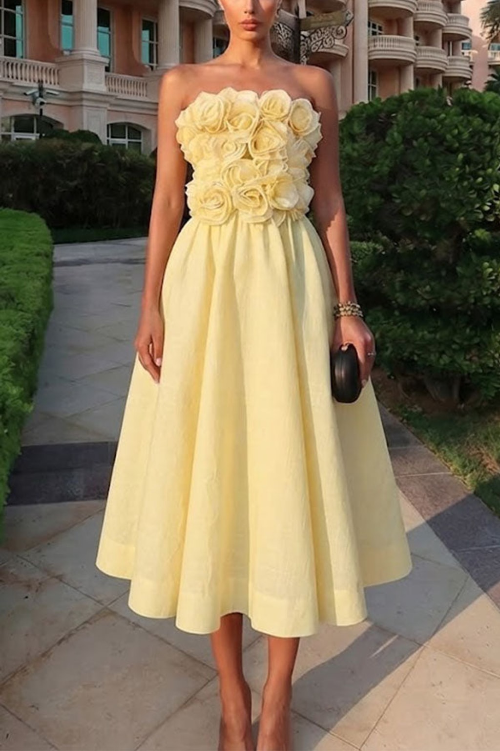 Polyester Off-Shoulder Rosette Midi Dress - 6