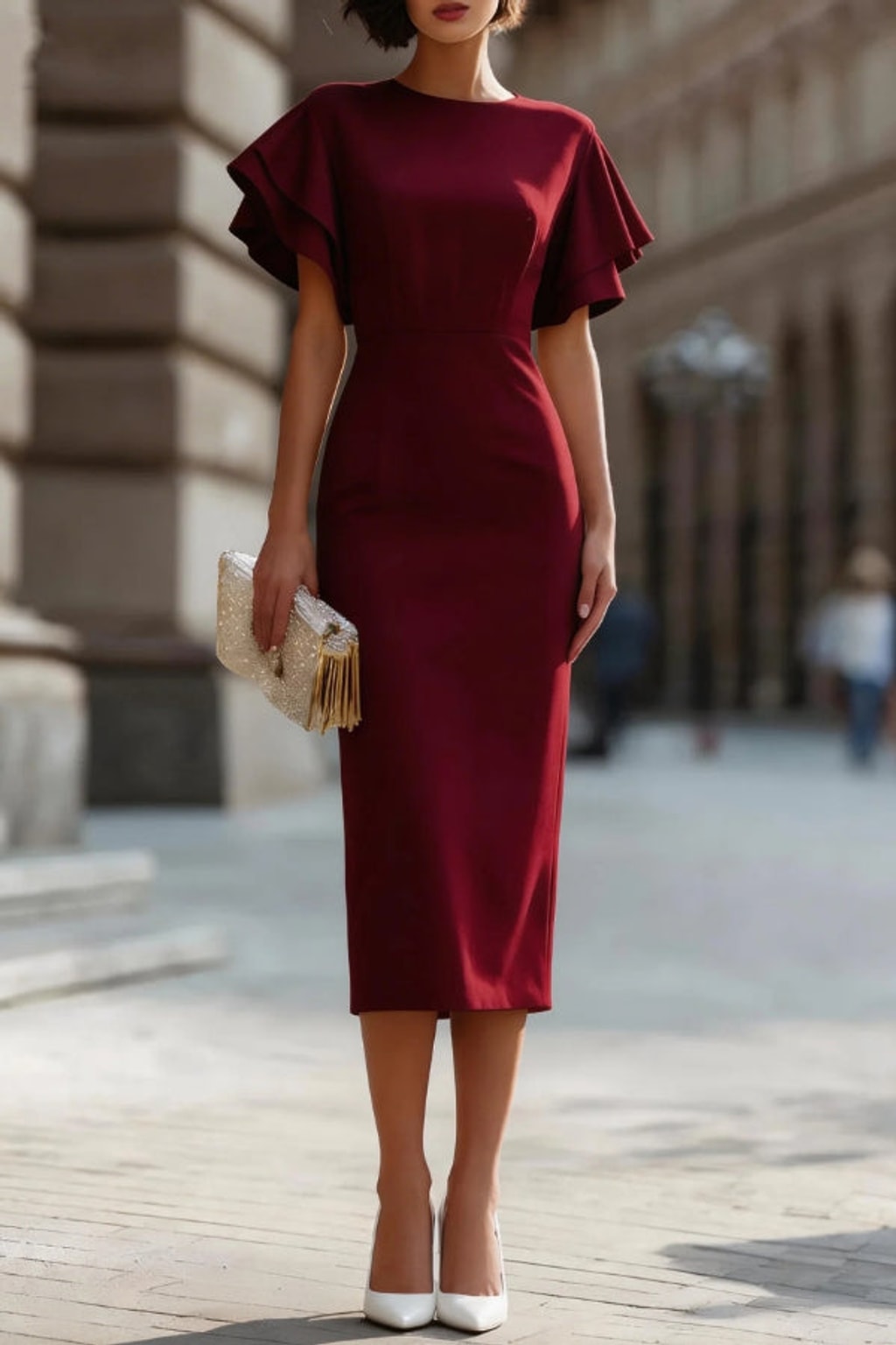 Elegant Ruffle-Sleeve Slim Fit Midi Dress - 3
