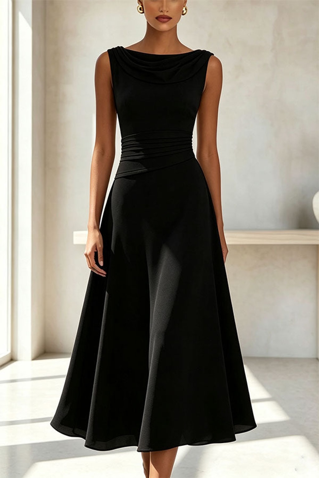 Fitted Midi Dress with Sleeveless Swing Collar - 3