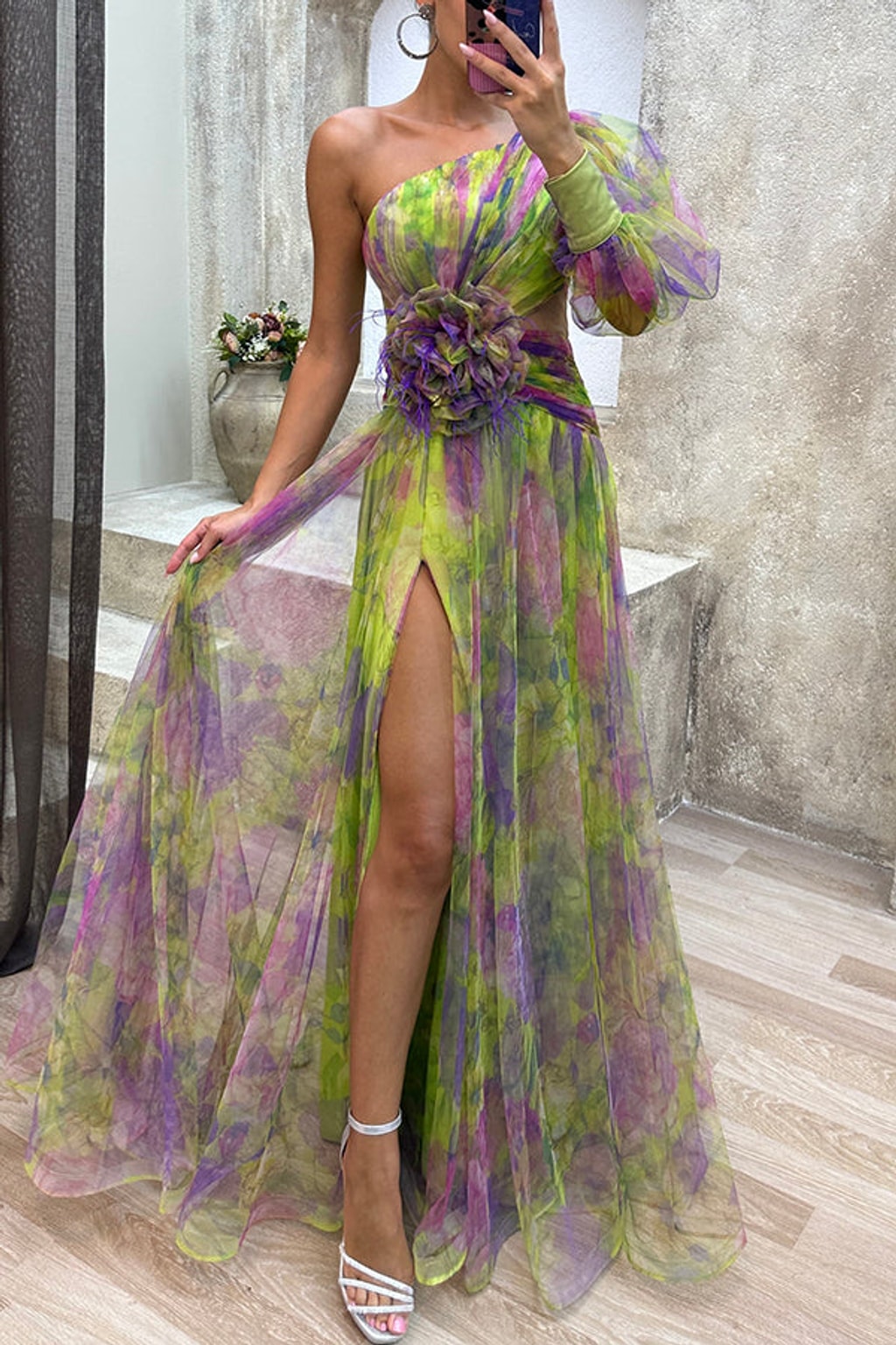 Effortless Tulle One-Shoulder Pleated Maxi Dress - 5