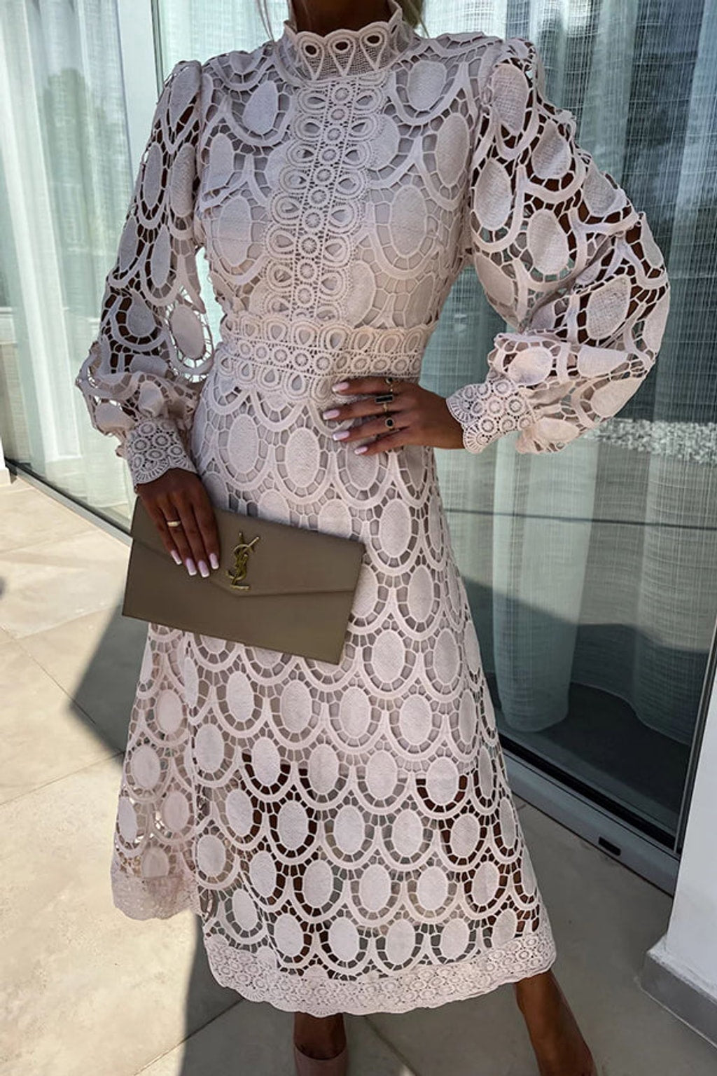 Elegant Polyester Lace Midi Dress With Lantern Sleeves - 4