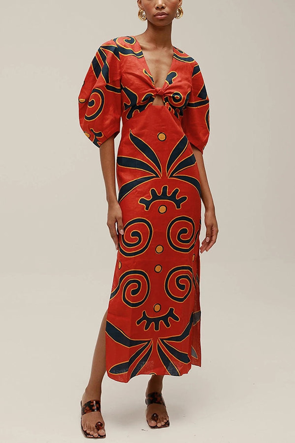 Linen Blend Puff Sleeve Maxi Dress - 4