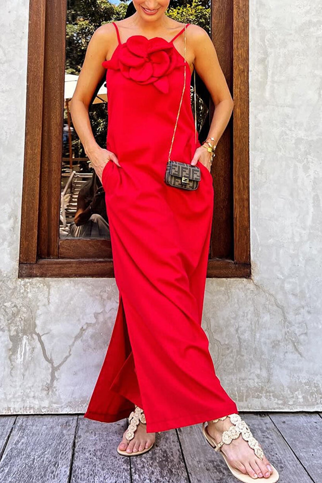 Linen Blend Square Neck Maxi Dress With Side Slit - 5
