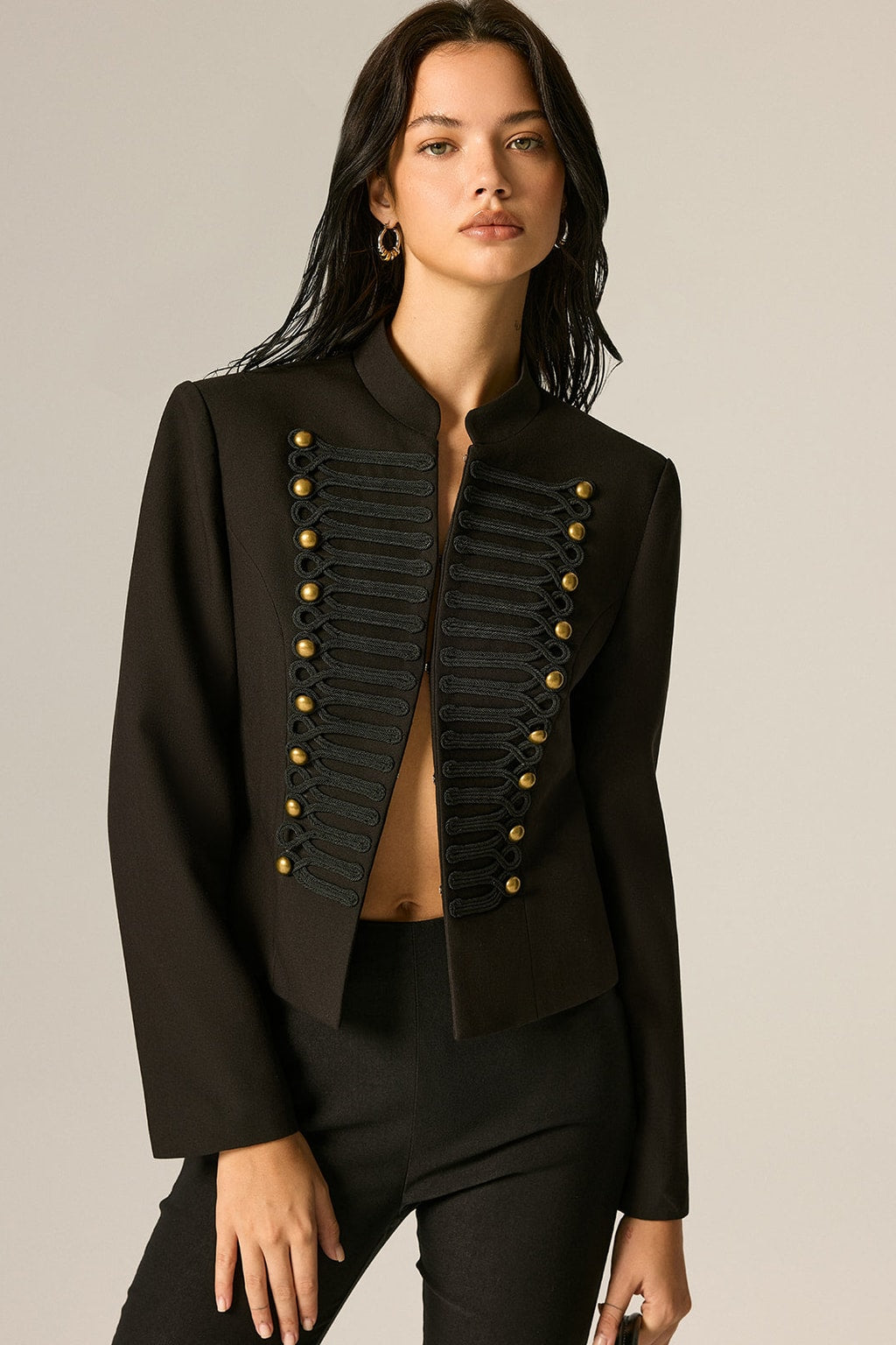 Black Woven Blazer With Mandarin Collar - 3