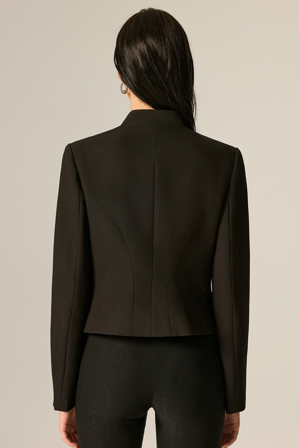 Black Woven Blazer With Mandarin Collar - 4