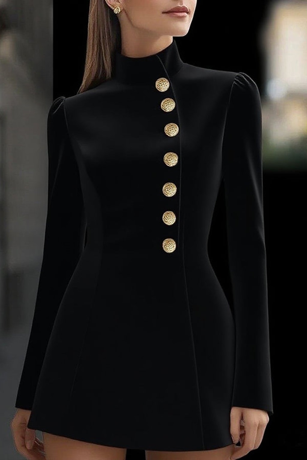 Elegant Polyester Stand Collar Long Sleeve Mini Dress - 4
