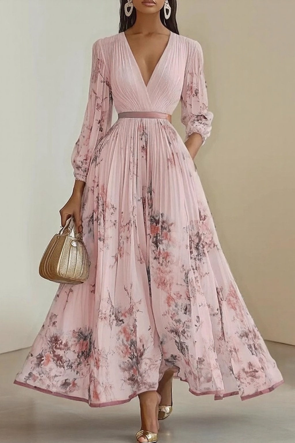 Elegant Pleated Maxi Dress With Adjustable Waist Tie - 5