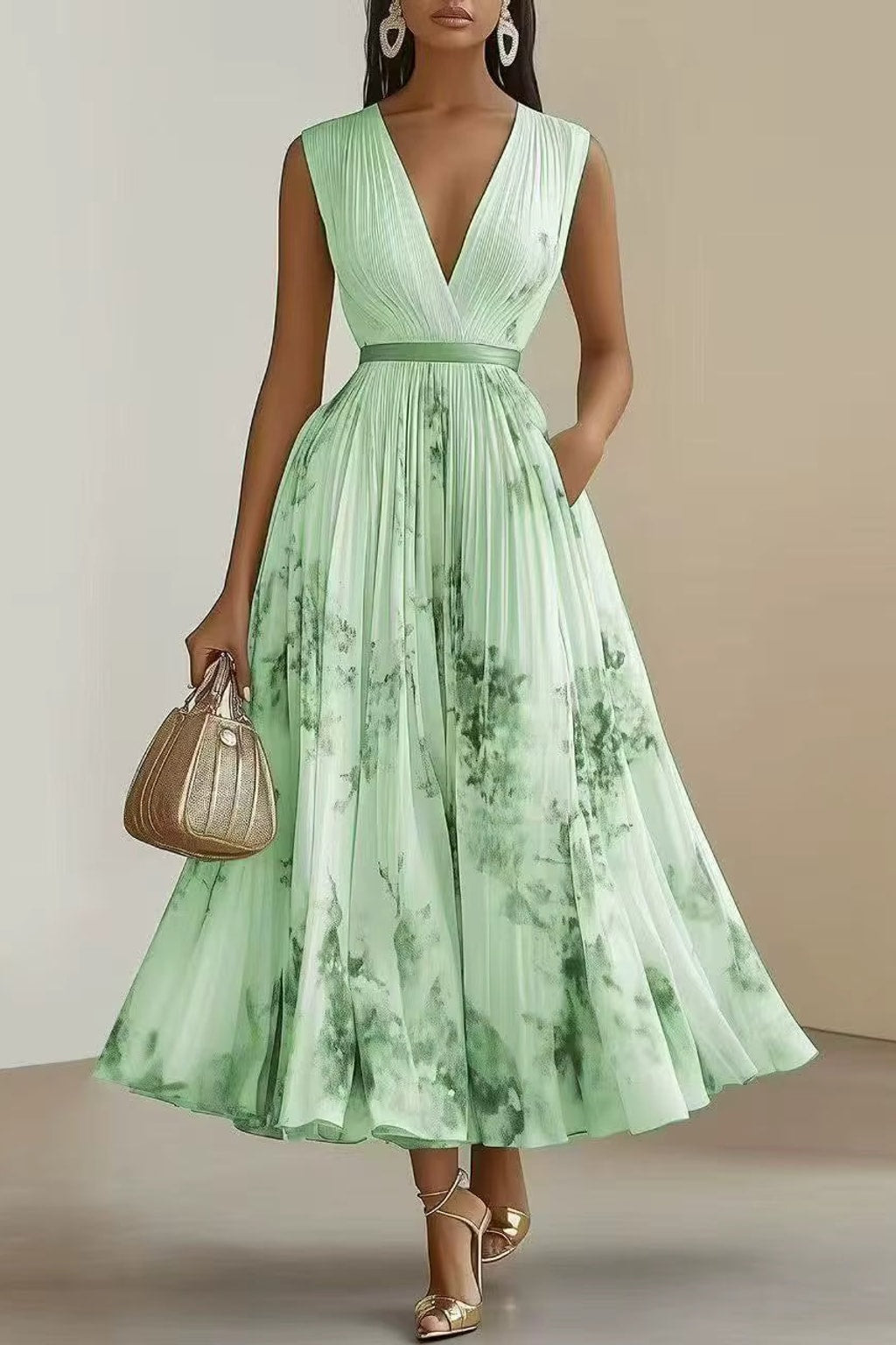Elegant Pleated Maxi Dress With Adjustable Waist Tie - 7