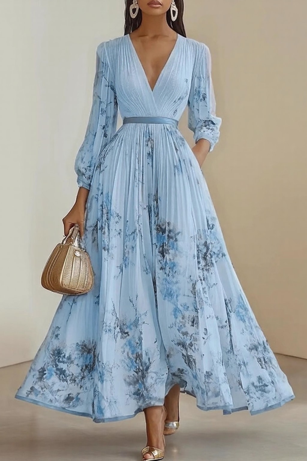 Elegant Pleated Maxi Dress With Adjustable Waist Tie - 8