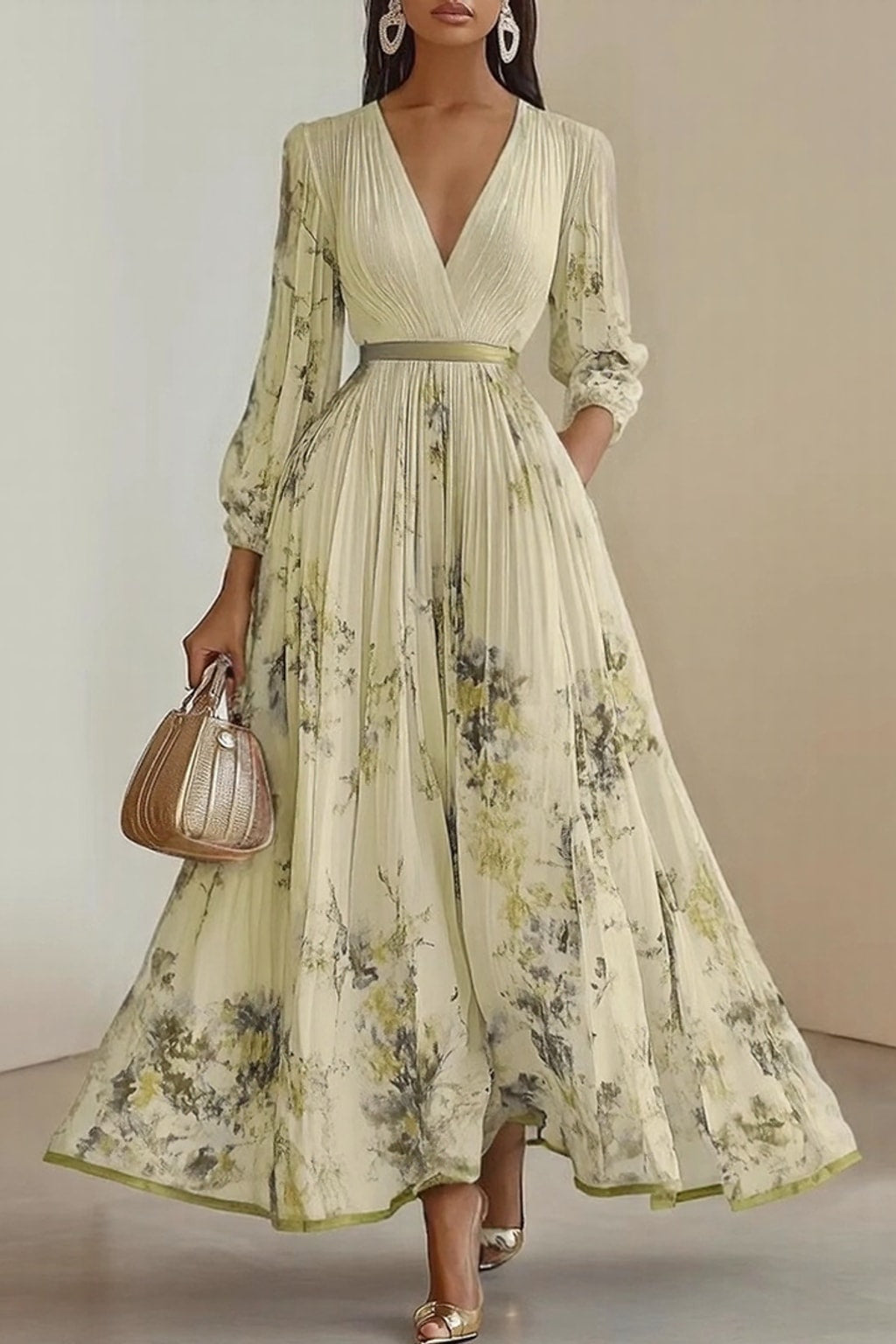 Elegant Pleated Maxi Dress With Adjustable Waist Tie - 9