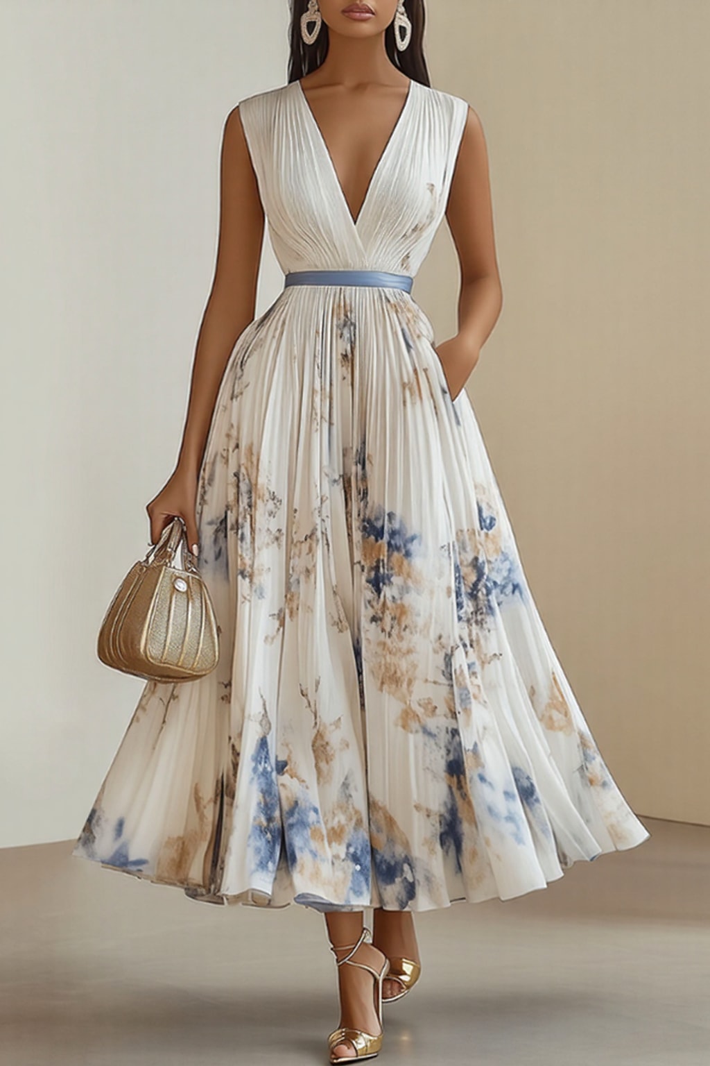 Elegant Pleated Maxi Dress With Adjustable Waist Tie - 2