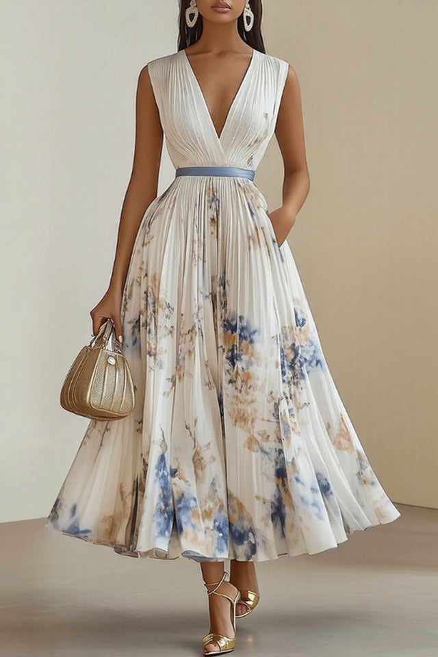 Elegant Pleated Maxi Dress With Adjustable Waist Tie - 2