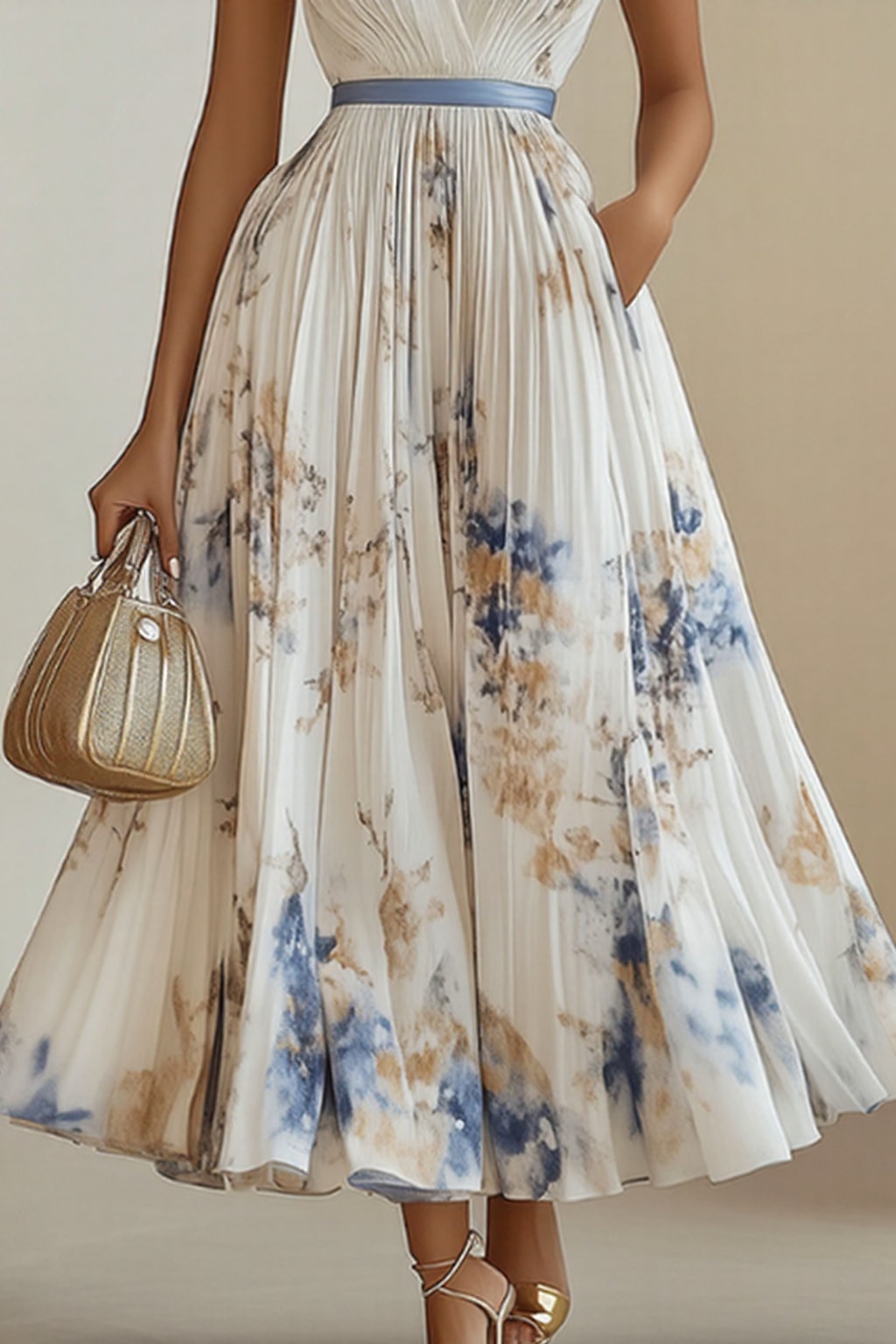 Elegant Pleated Maxi Dress With Adjustable Waist Tie - 4