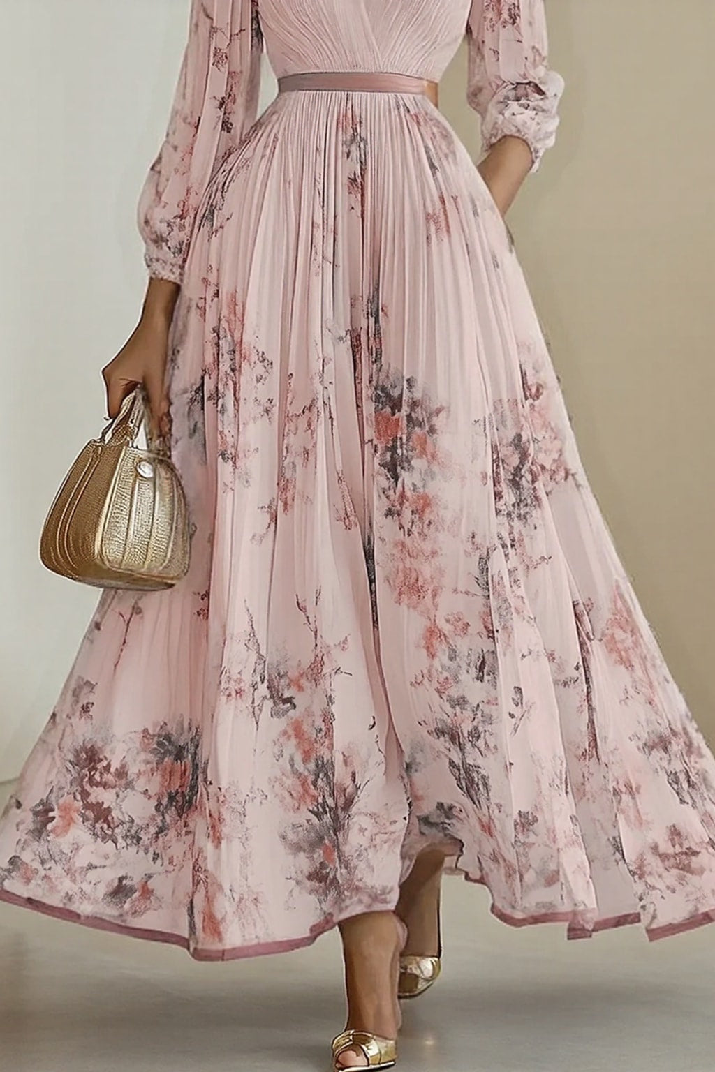 Elegant Pleated Maxi Dress With Adjustable Waist Tie - 12