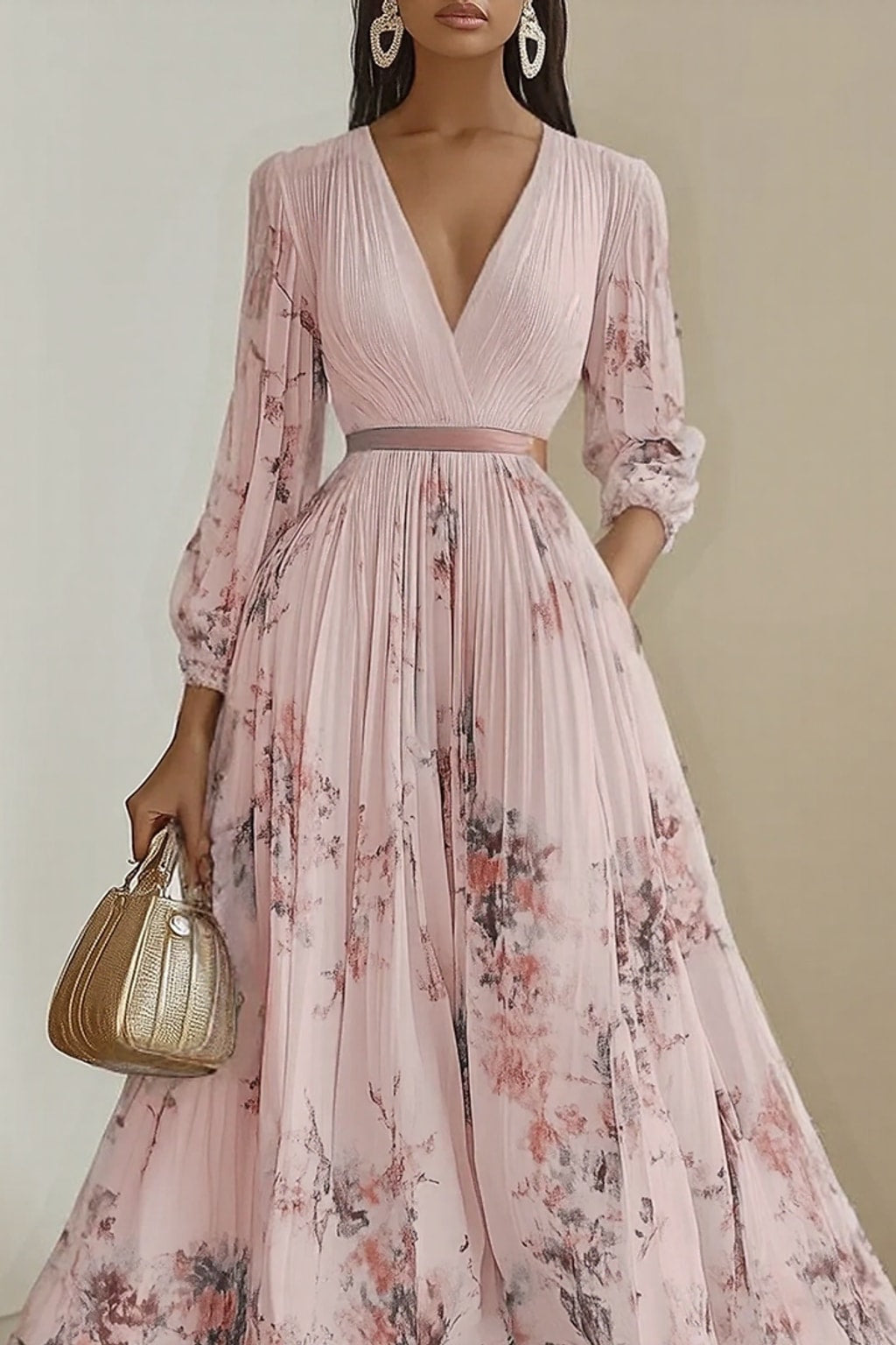 Elegant Pleated Maxi Dress With Adjustable Waist Tie - 13