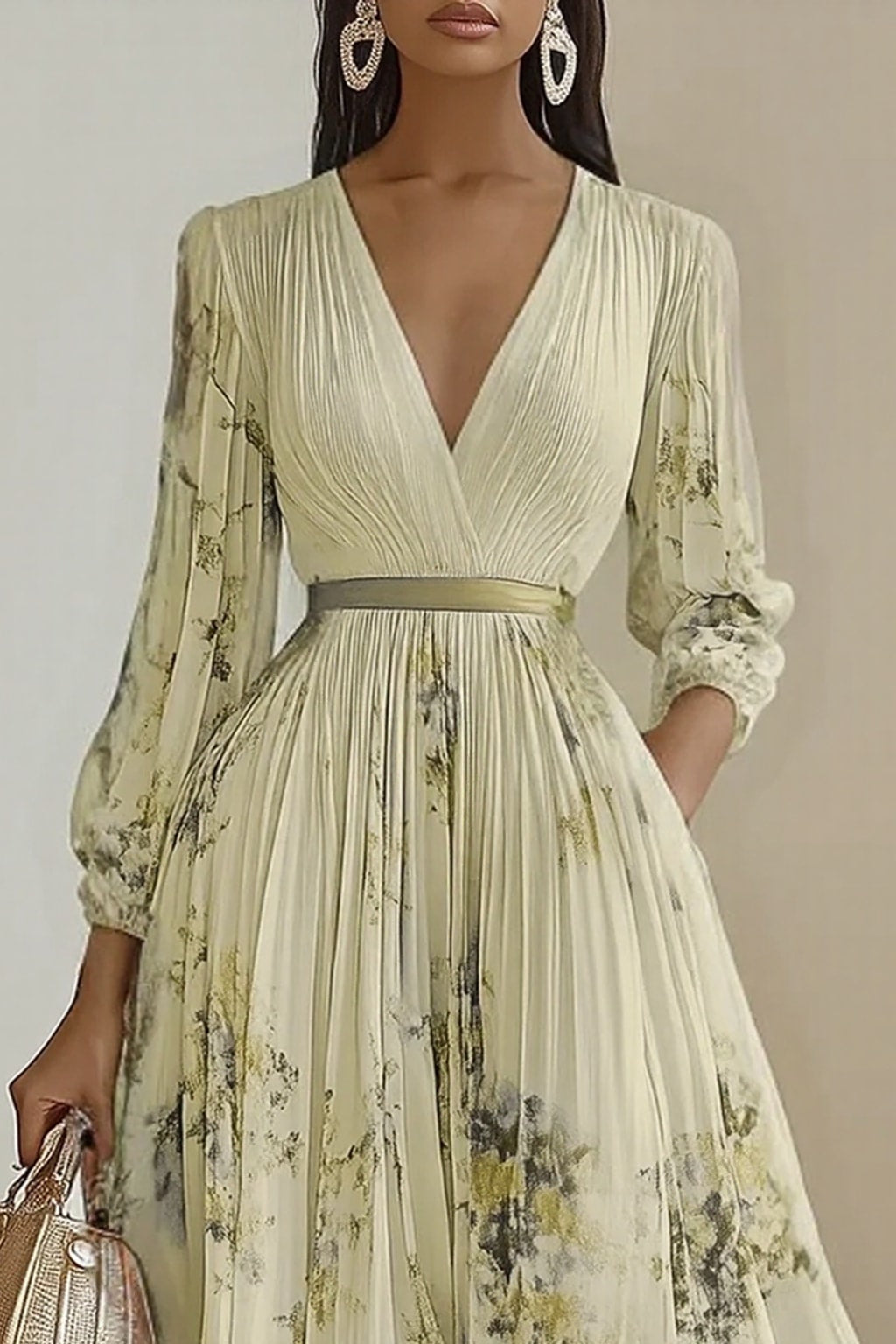 Elegant Pleated Maxi Dress With Adjustable Waist Tie - 14