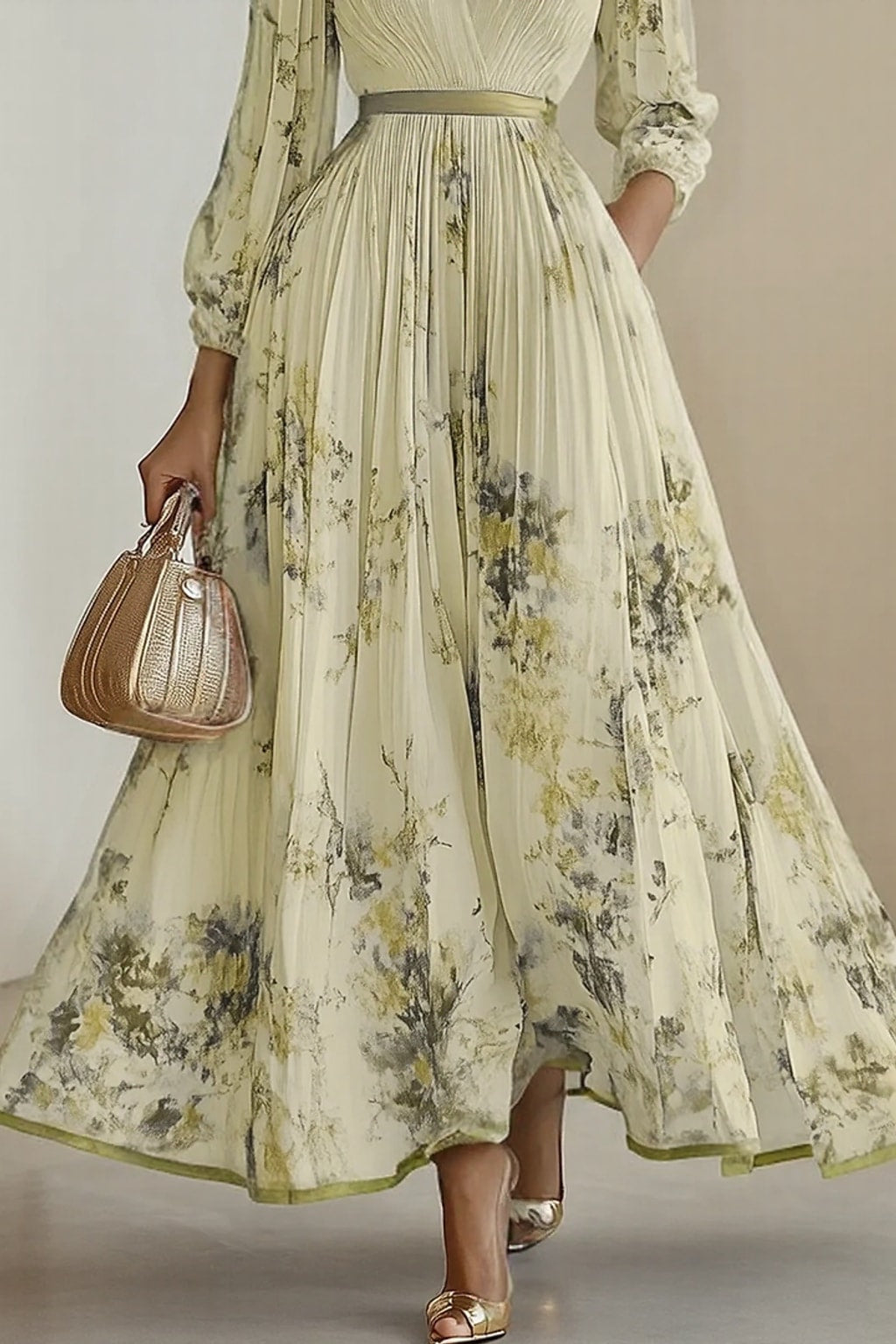 Elegant Pleated Maxi Dress With Adjustable Waist Tie - 15