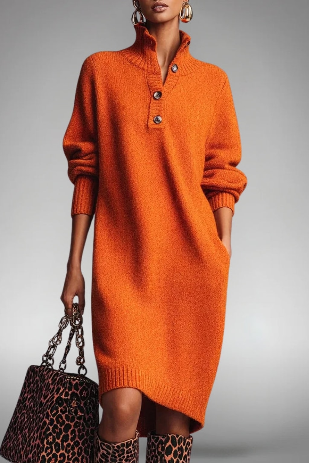 High-Neck Button Collar Midi Dress - 2