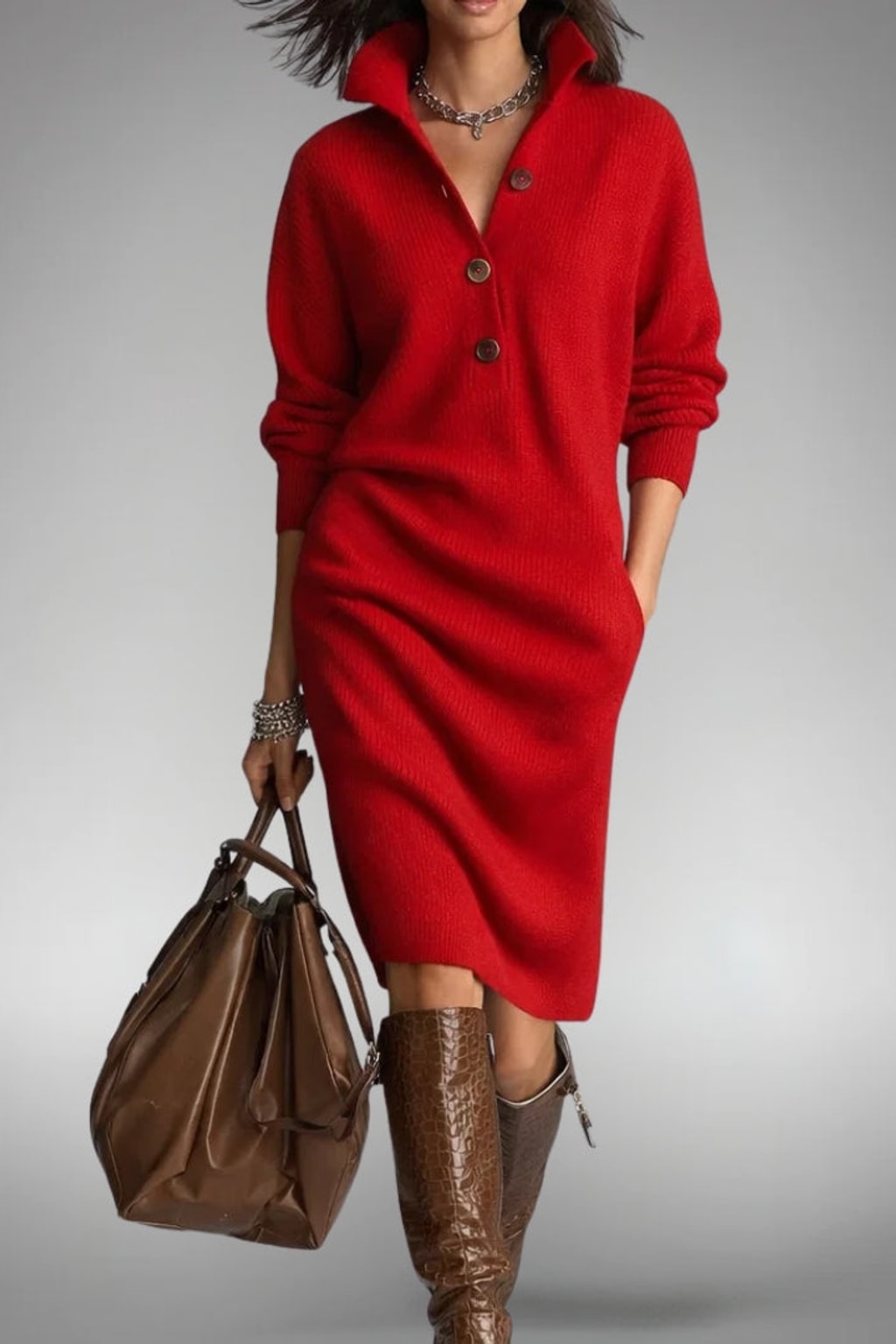 High-Neck Button Collar Midi Dress - 5