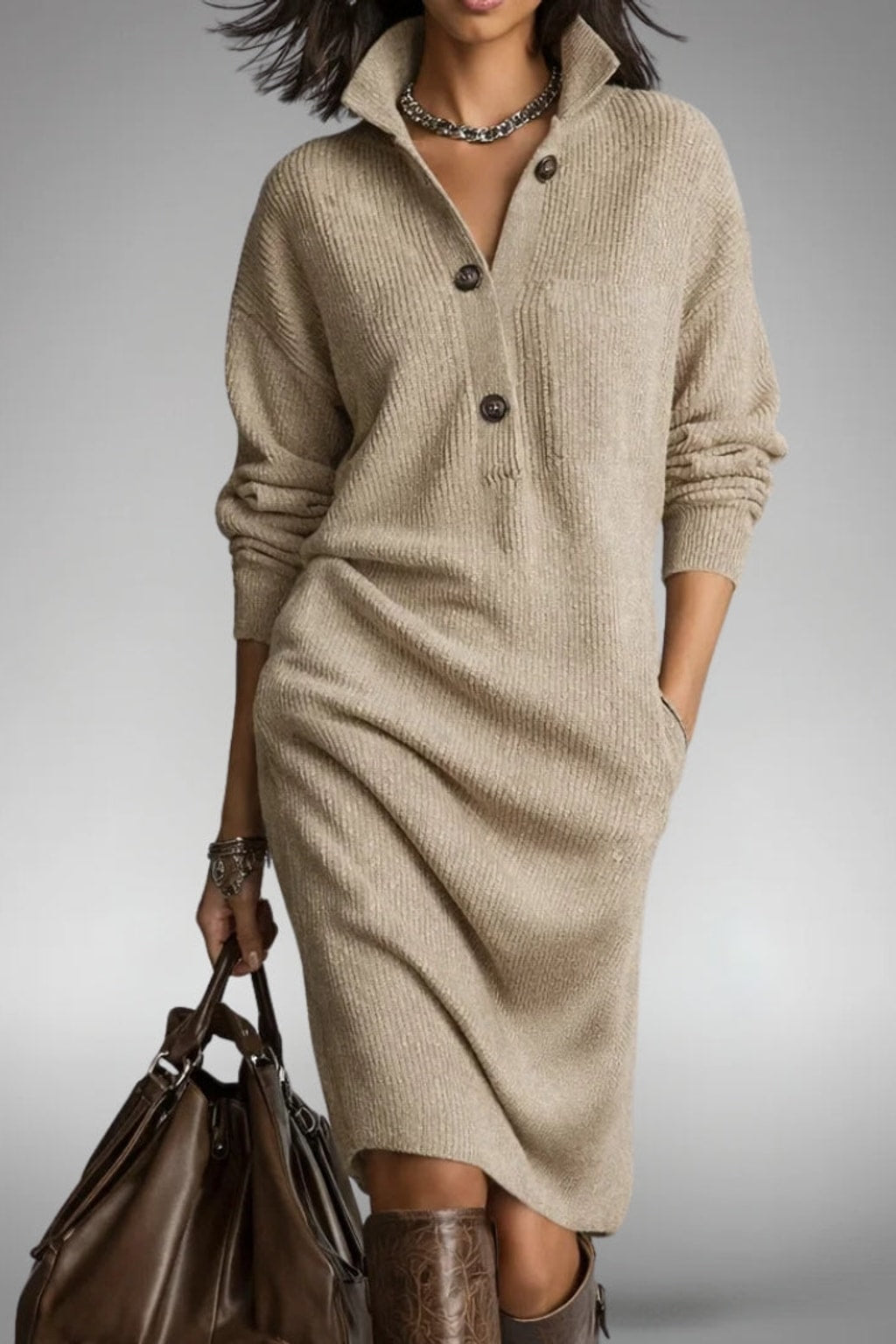 High-Neck Button Collar Midi Dress - 7