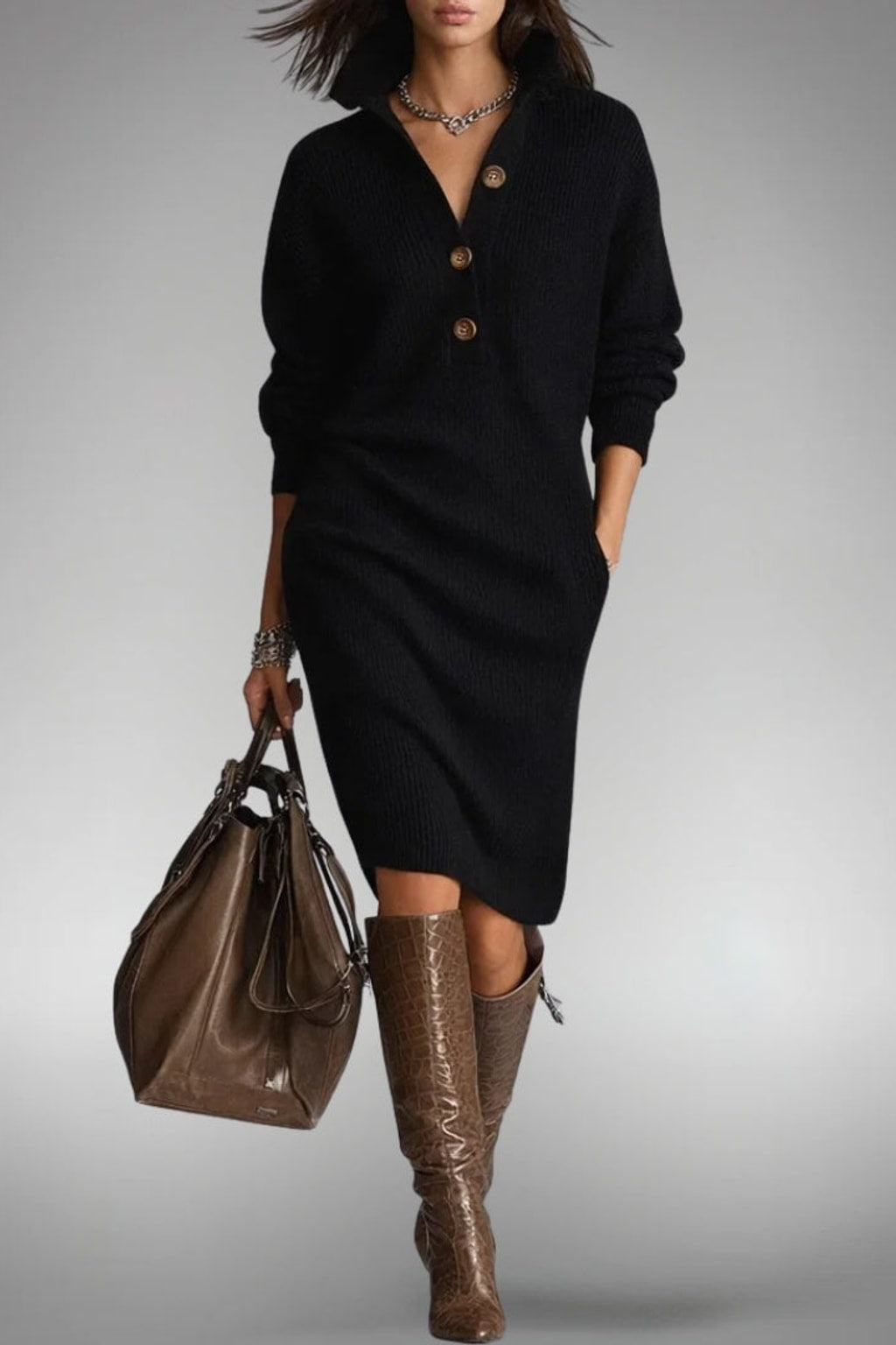 High-Neck Button Collar Midi Dress - 9