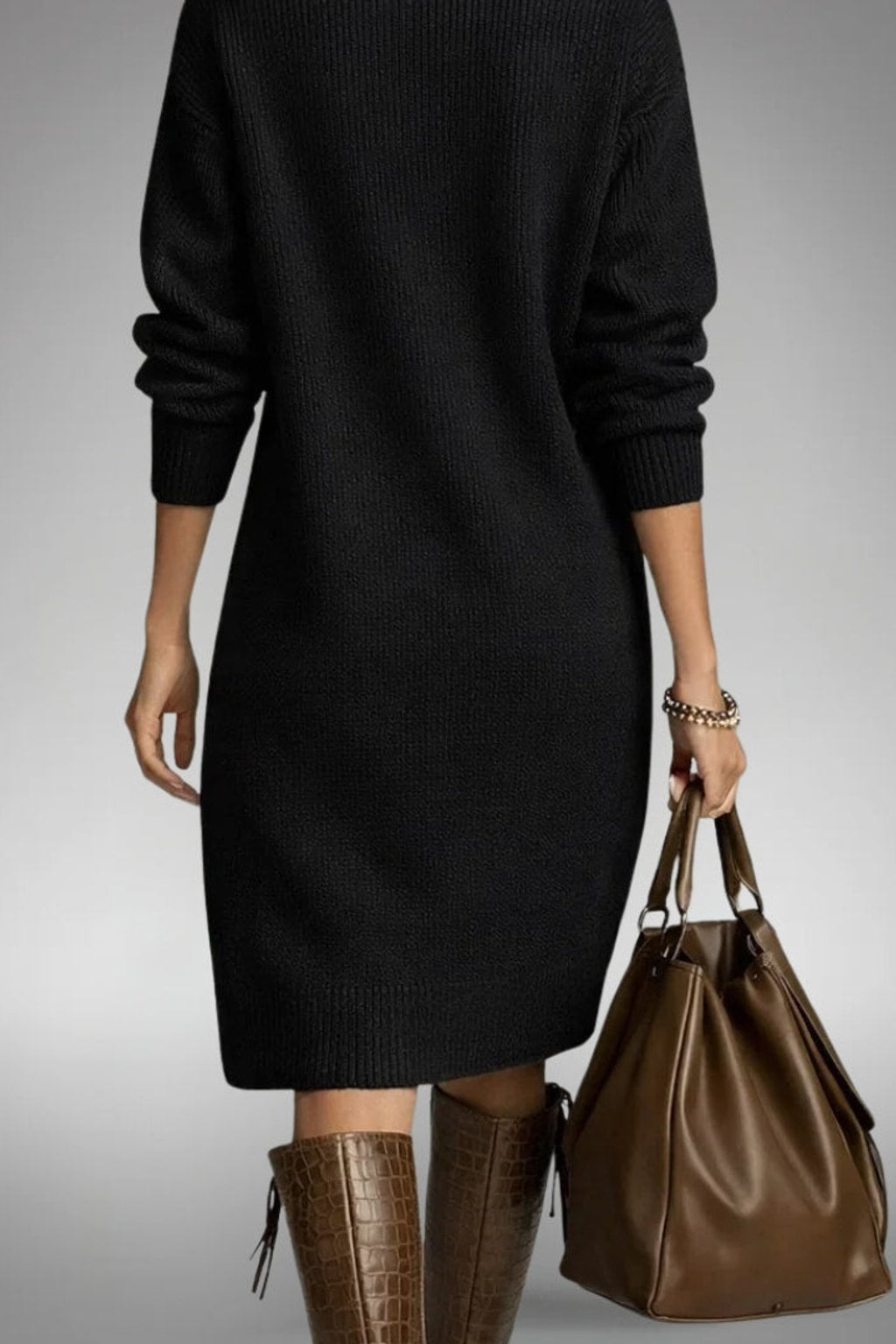 High-Neck Button Collar Midi Dress - 10