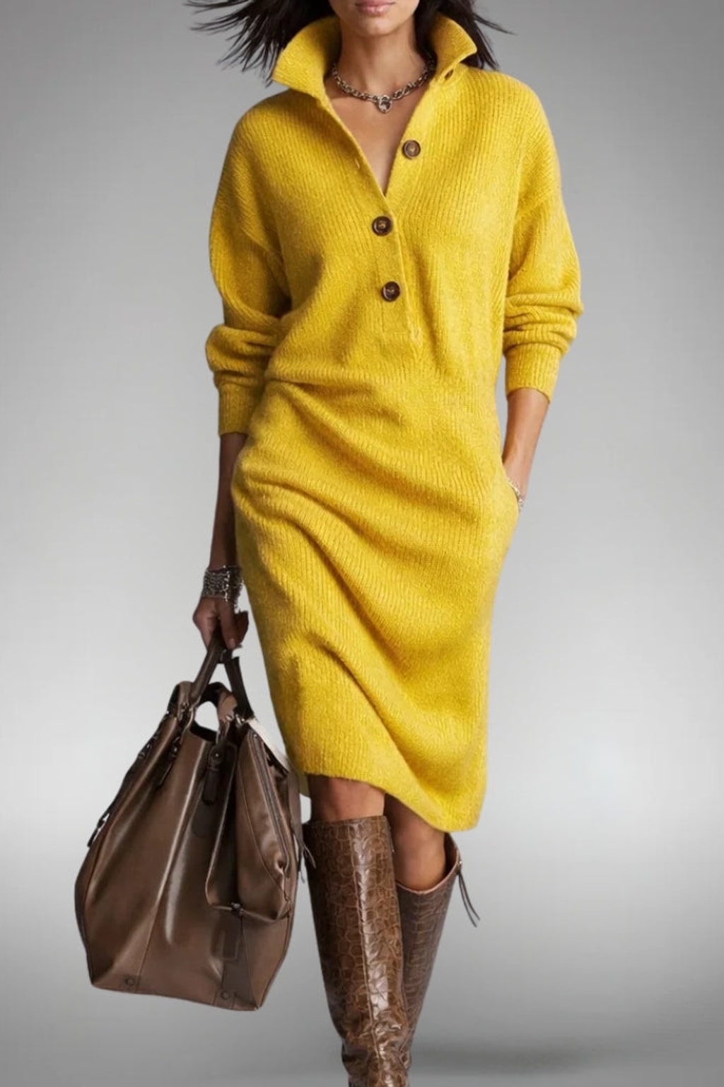 High-Neck Button Collar Midi Dress - 11