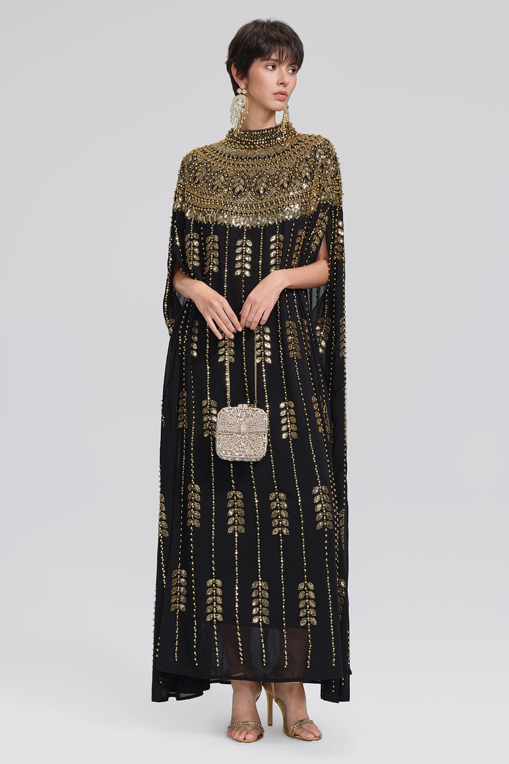 Beaded Rhinestone Cape-Sleeve Maxi Dress - 5