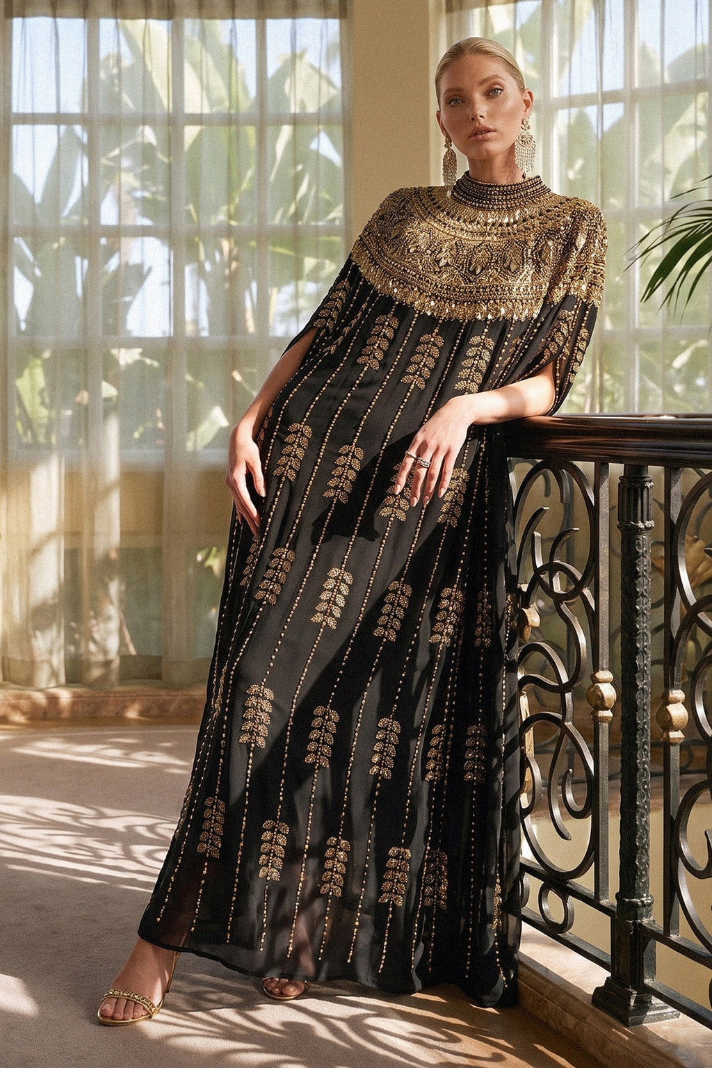Beaded Rhinestone Cape-Sleeve Maxi Dress - 2