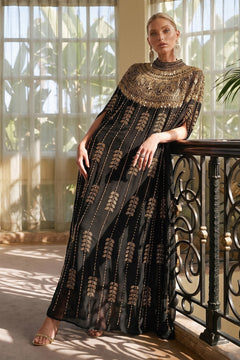 Beaded Rhinestone Cape-Sleeve Maxi Dress - 2