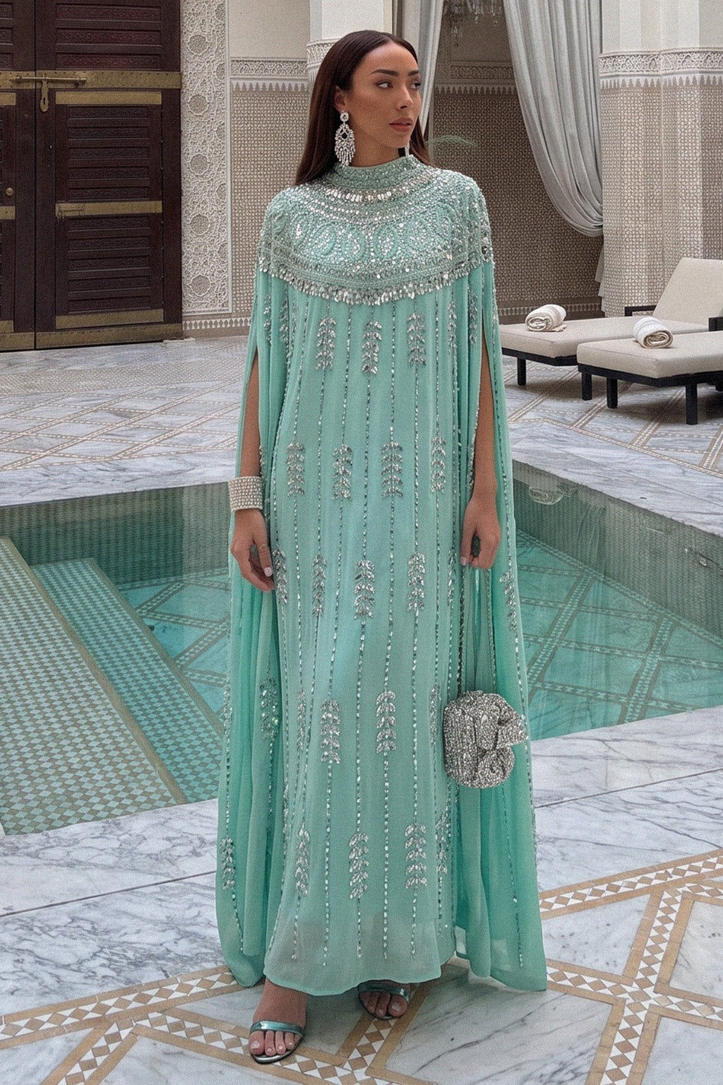 Beaded Rhinestone Cape-Sleeve Maxi Dress - 7