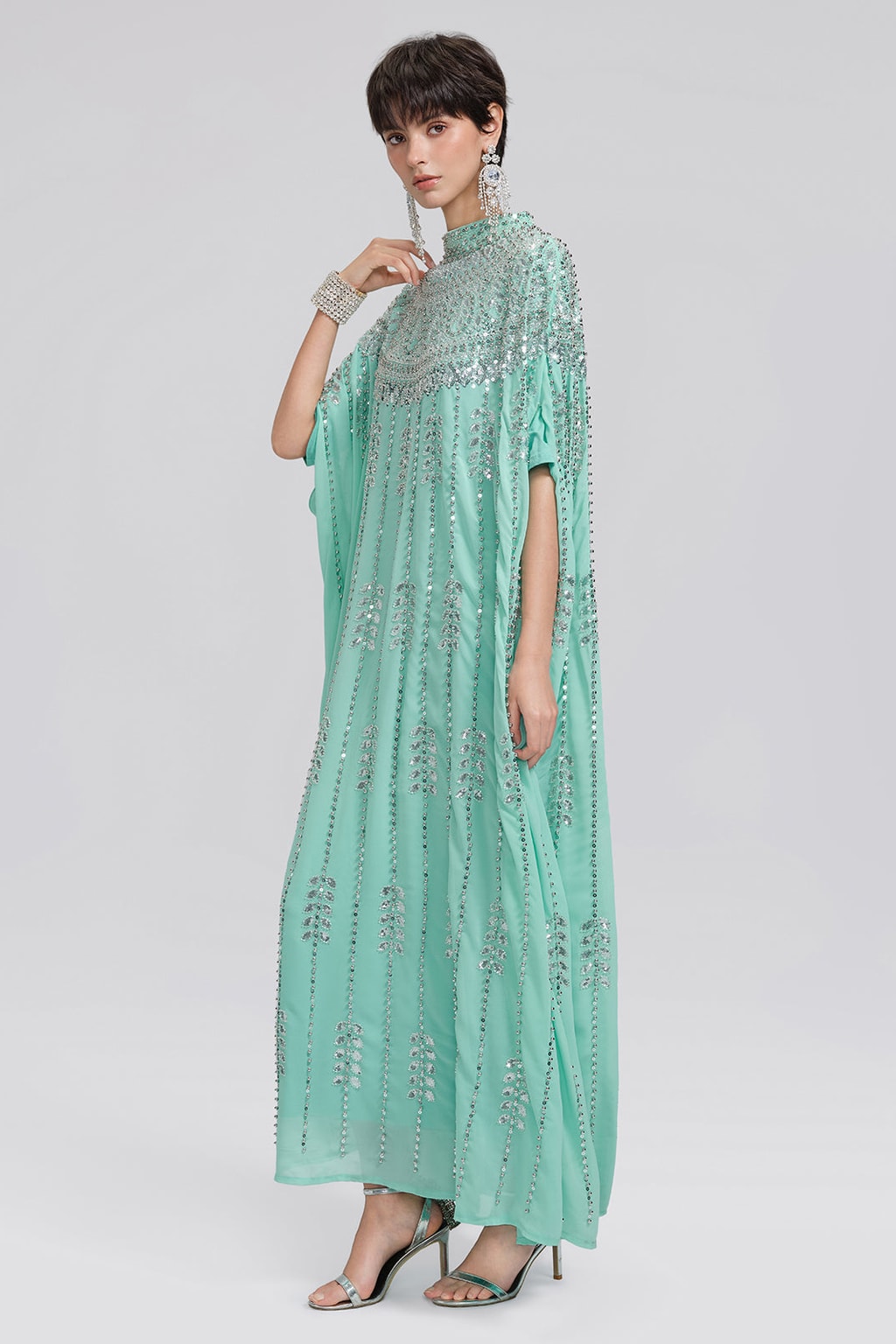 Beaded Rhinestone Cape-Sleeve Maxi Dress - 8
