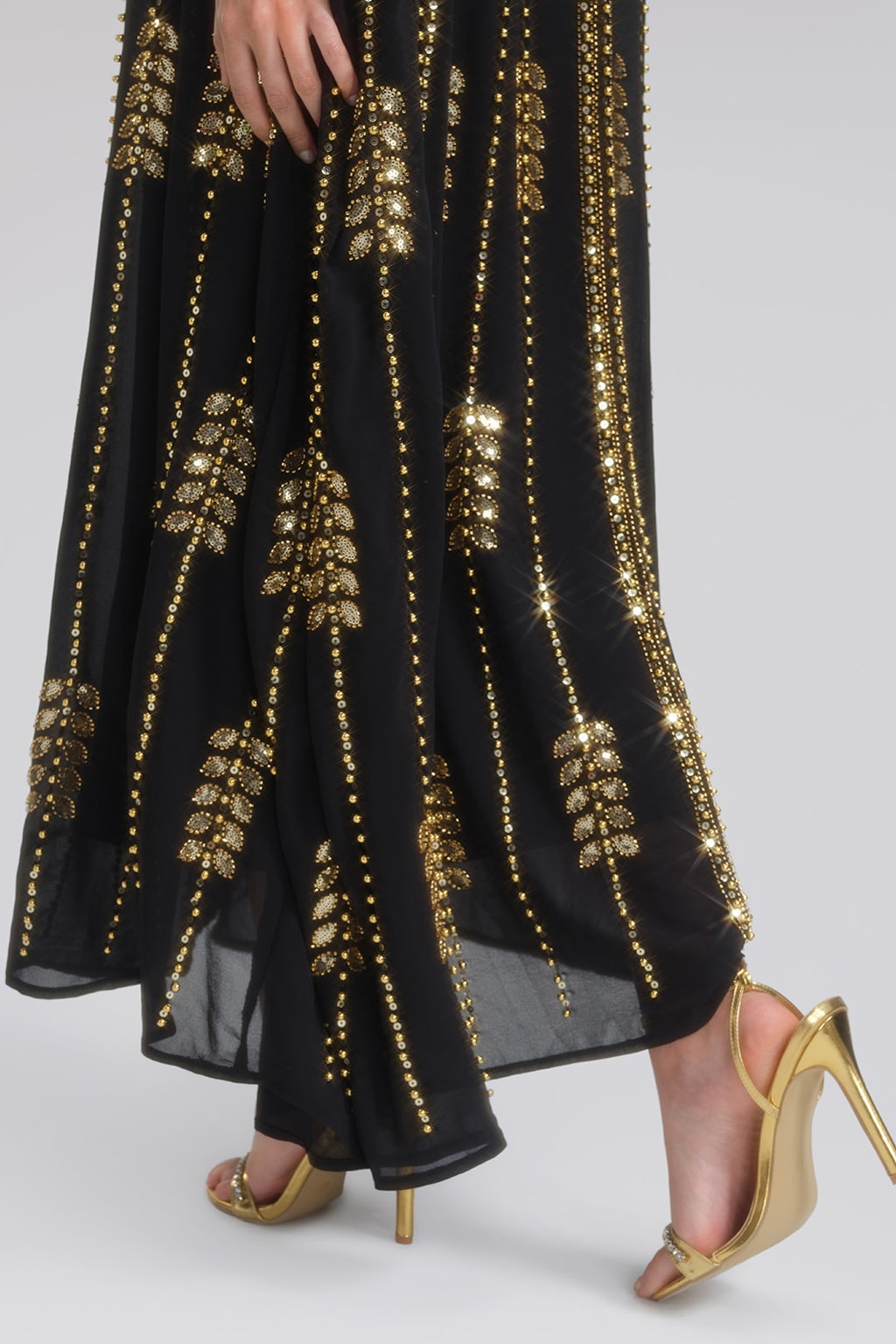 Beaded Rhinestone Cape-Sleeve Maxi Dress - 4