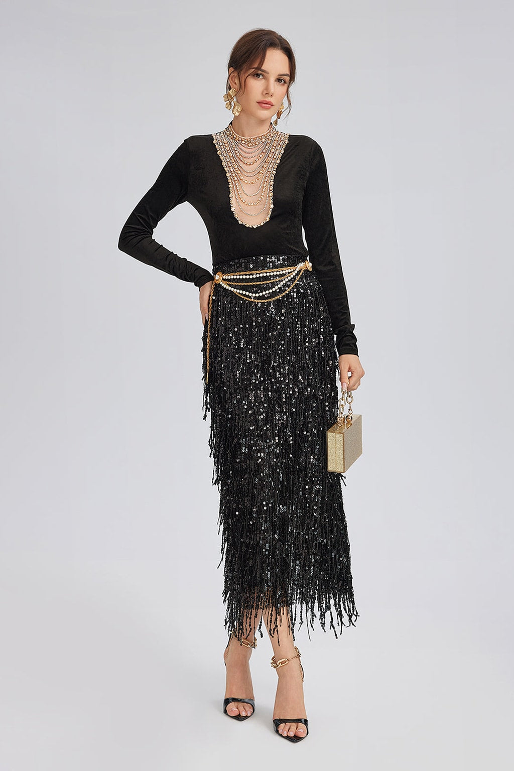 Sequin Midi Skirt with Tassel Fringe - 7