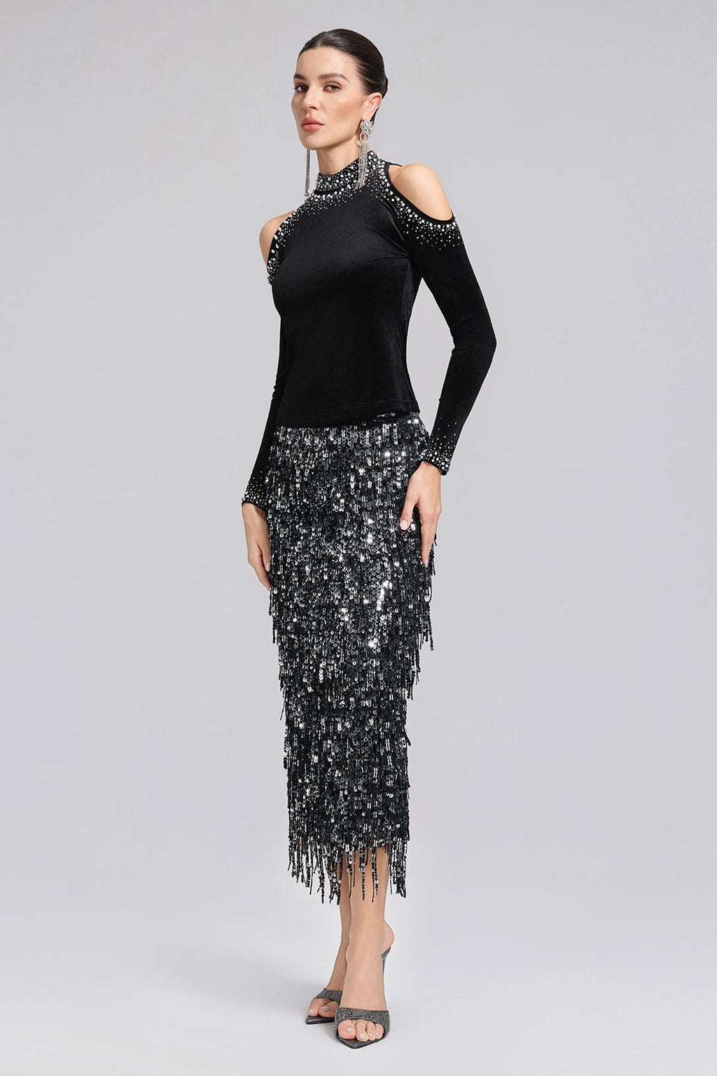 Sequin Midi Skirt with Tassel Fringe - 10