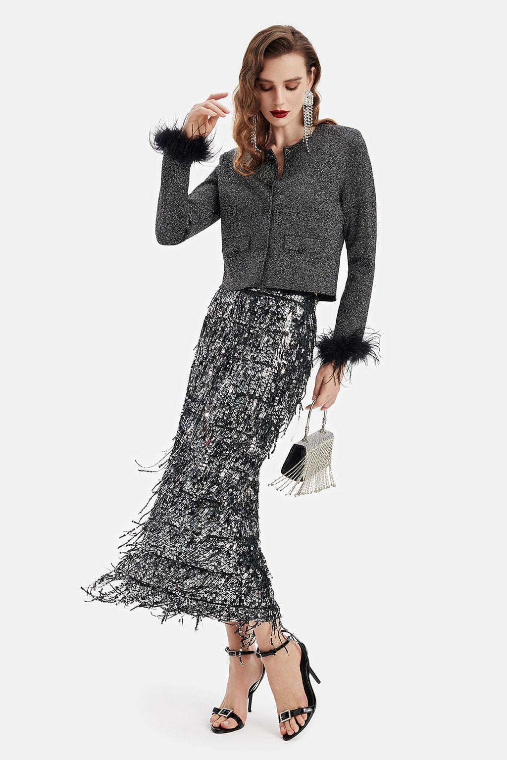 Sequin Midi Skirt with Tassel Fringe - 9