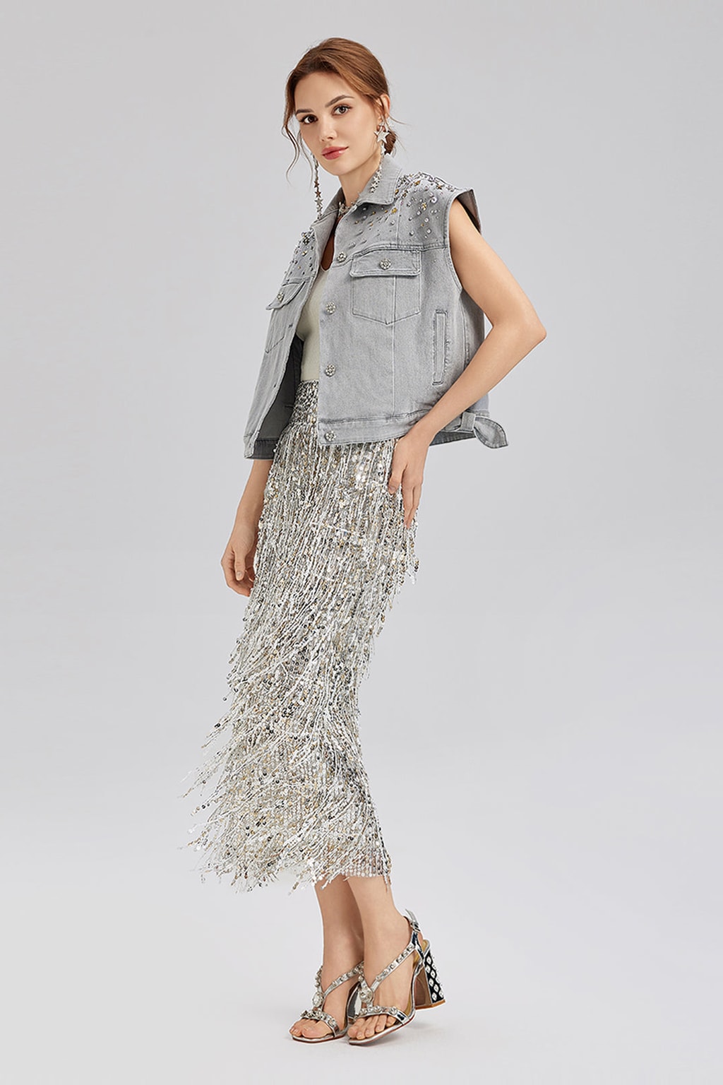 Sequin Midi Skirt with Tassel Fringe - 4